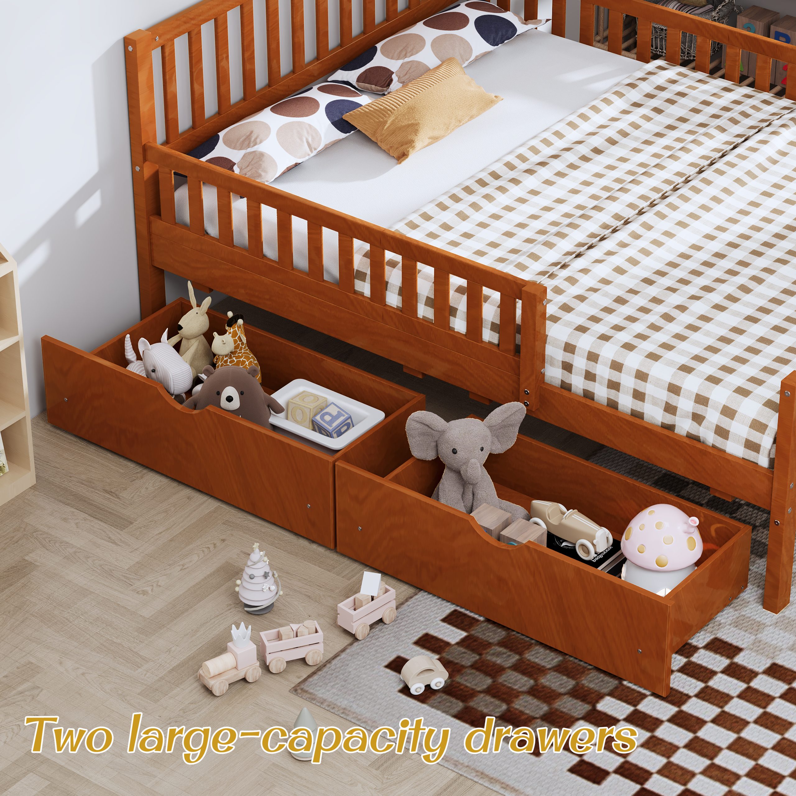 Twin Size Wood Platform Bed with Guardrails on Both Sides and Two Storage Drawers, Walnut - Image 3
