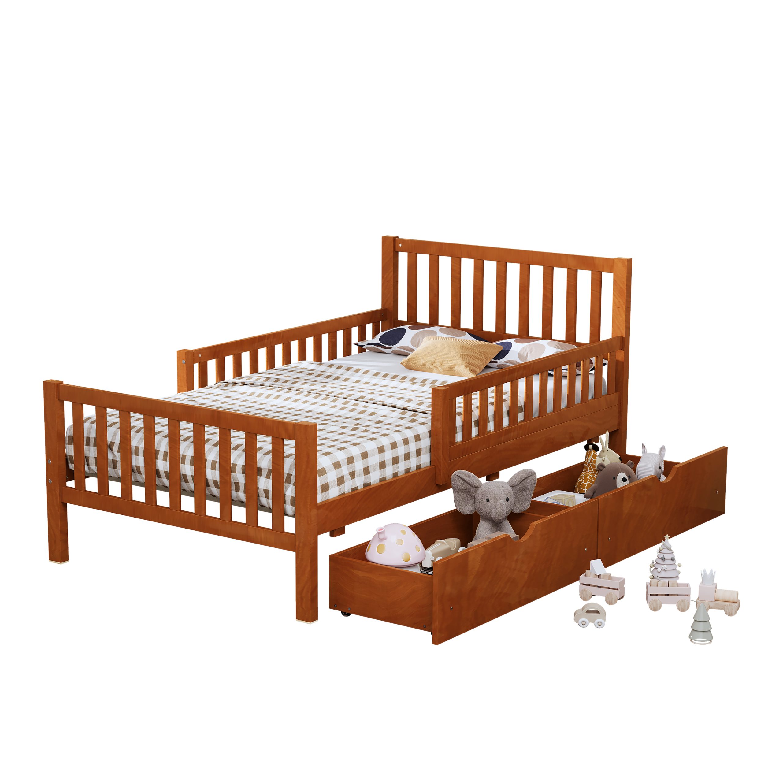 Twin Size Wood Platform Bed with Guardrails on Both Sides and Two Storage Drawers, Walnut - Image 5
