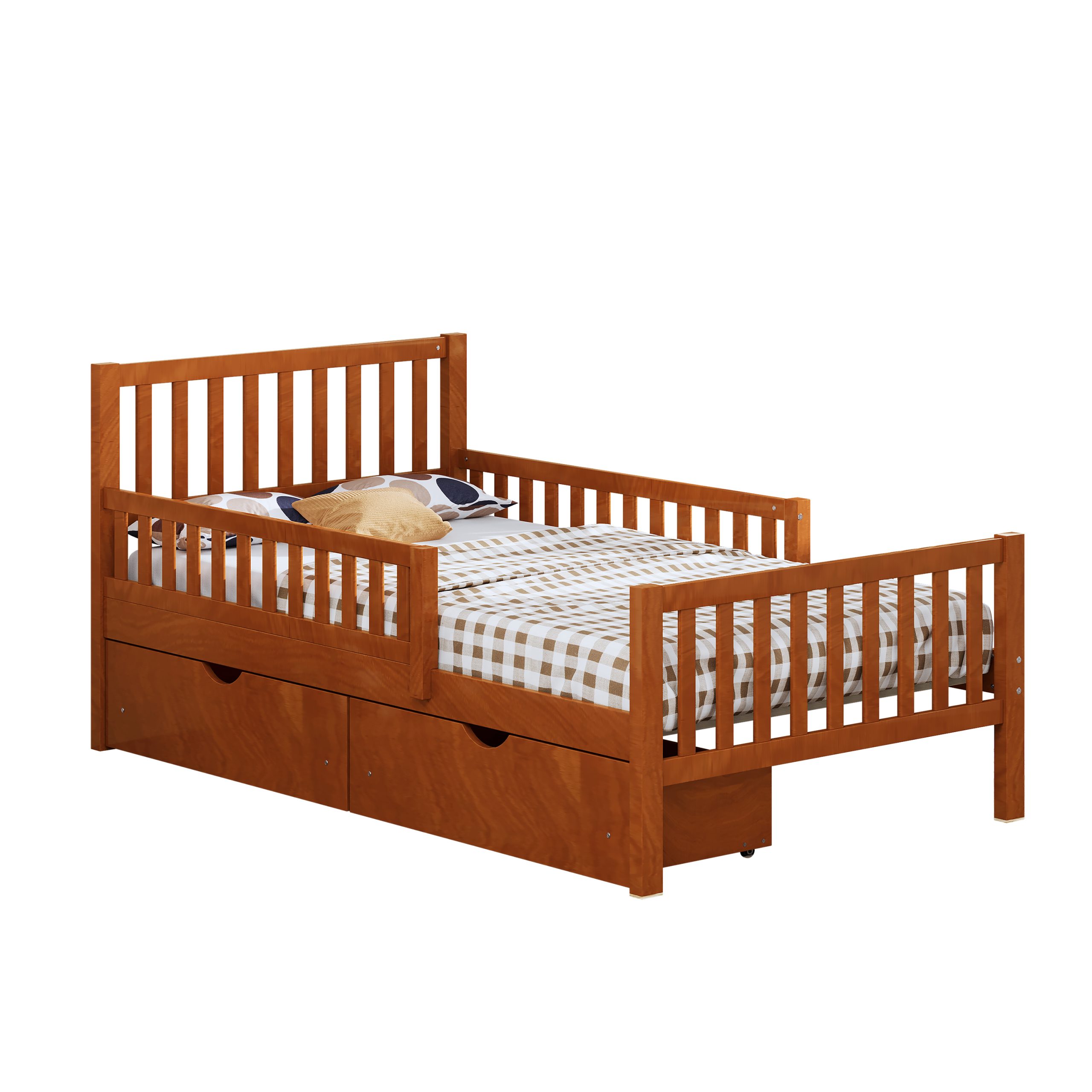 Twin Size Wood Platform Bed with Guardrails on Both Sides and Two Storage Drawers, Walnut - Image 6