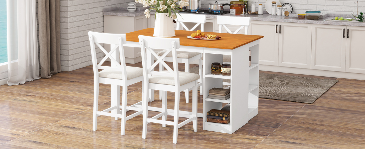 TOPMAX 60"Lx30"W Solid Wood Farmhouse Counter Height Dining Table Set with 3-Tier Storage Shelves, Upholstered Dining Chairs for 4, 5-Piece, White - Image 3