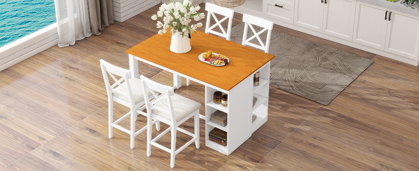 TOPMAX 60"Lx30"W Solid Wood Farmhouse Counter Height Dining Table Set with 3-Tier Storage Shelves, Upholstered Dining Chairs for 4, 5-Piece, White - Image 2