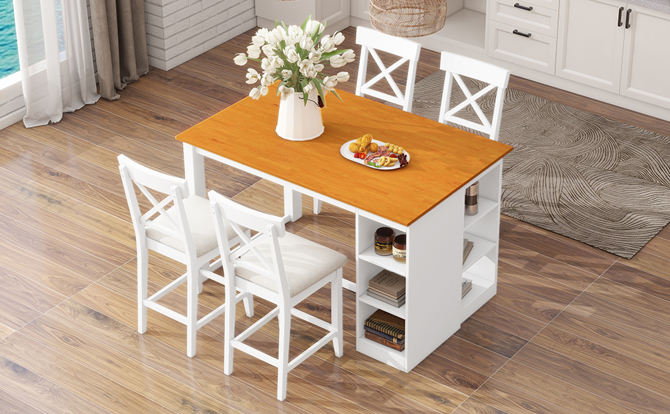 TOPMAX 60"Lx30"W Solid Wood Farmhouse Counter Height Dining Table Set with 3-Tier Storage Shelves, Upholstered Dining Chairs for 4, 5-Piece, White - Image 4