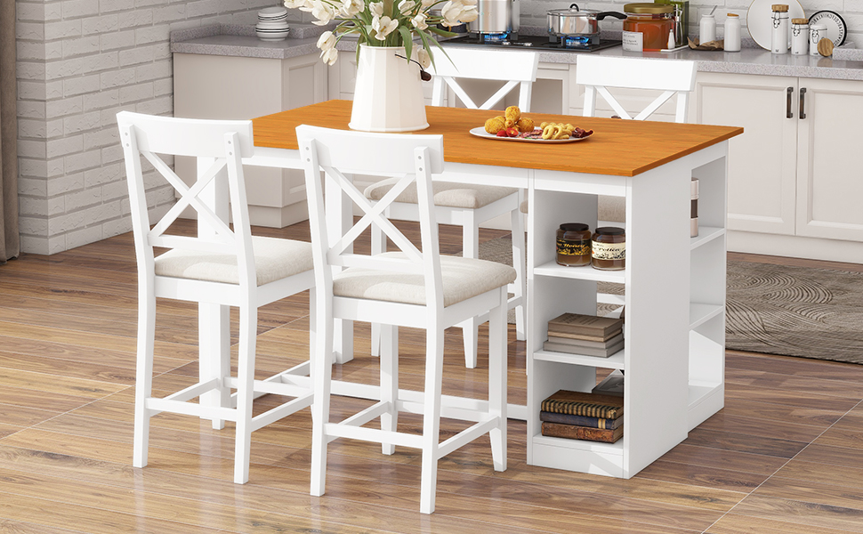TOPMAX 60"Lx30"W Solid Wood Farmhouse Counter Height Dining Table Set with 3-Tier Storage Shelves, Upholstered Dining Chairs for 4, 5-Piece, White - Image 5