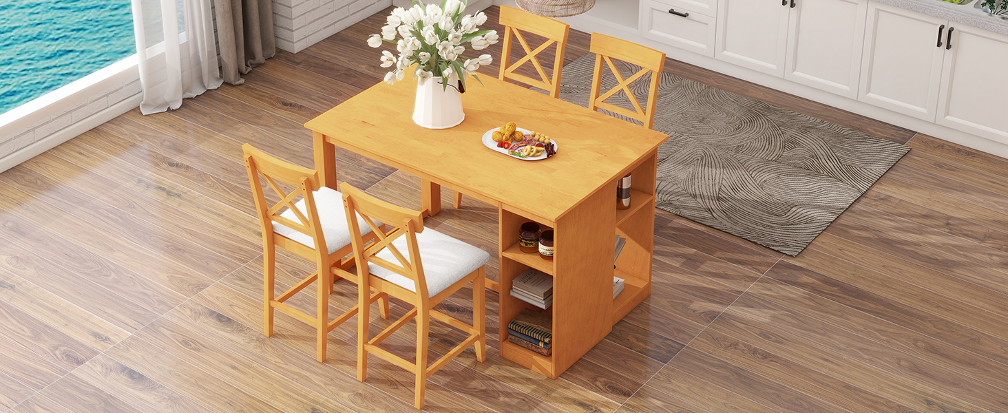 TOPMAX 60"Lx30"W Solid Wood Farmhouse Counter Height Dining Table Set with 3-Tier Storage Shelves, Upholstered Dining Chairs for 4, 5-Piece, Brown - Image 2