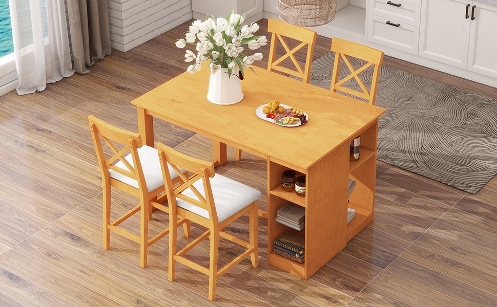 TOPMAX 60"Lx30"W Solid Wood Farmhouse Counter Height Dining Table Set with 3-Tier Storage Shelves, Upholstered Dining Chairs for 4, 5-Piece, Brown - Image 3