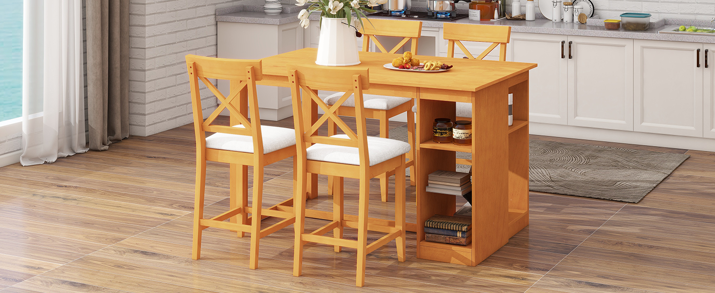 TOPMAX 60"Lx30"W Solid Wood Farmhouse Counter Height Dining Table Set with 3-Tier Storage Shelves, Upholstered Dining Chairs for 4, 5-Piece, Brown - Image 4