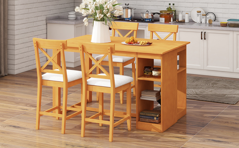 TOPMAX 60"Lx30"W Solid Wood Farmhouse Counter Height Dining Table Set with 3-Tier Storage Shelves, Upholstered Dining Chairs for 4, 5-Piece, Brown - Image 5