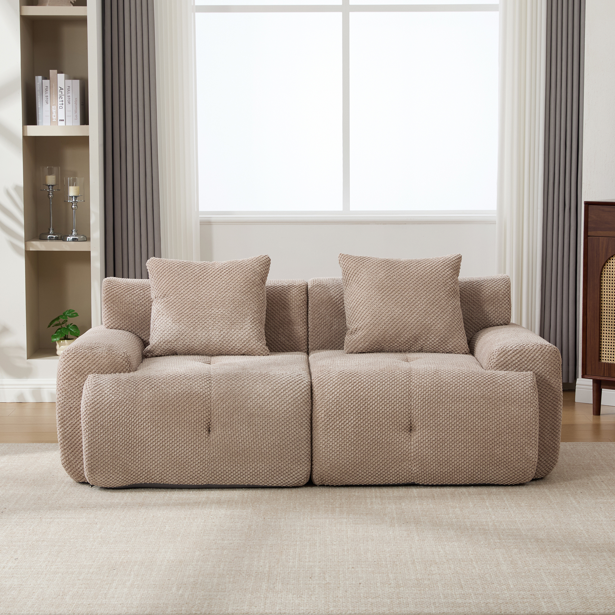 73" Modern Modular Sectional Sofa Loveseat, 2 Seater Tufted Comfy Cloud Tufted Floor Convertible Couch with 2 Pillows, Boneless Conversion Sofa for Living Room,Office, Apartment,Guestroom, Taupe - Image 2