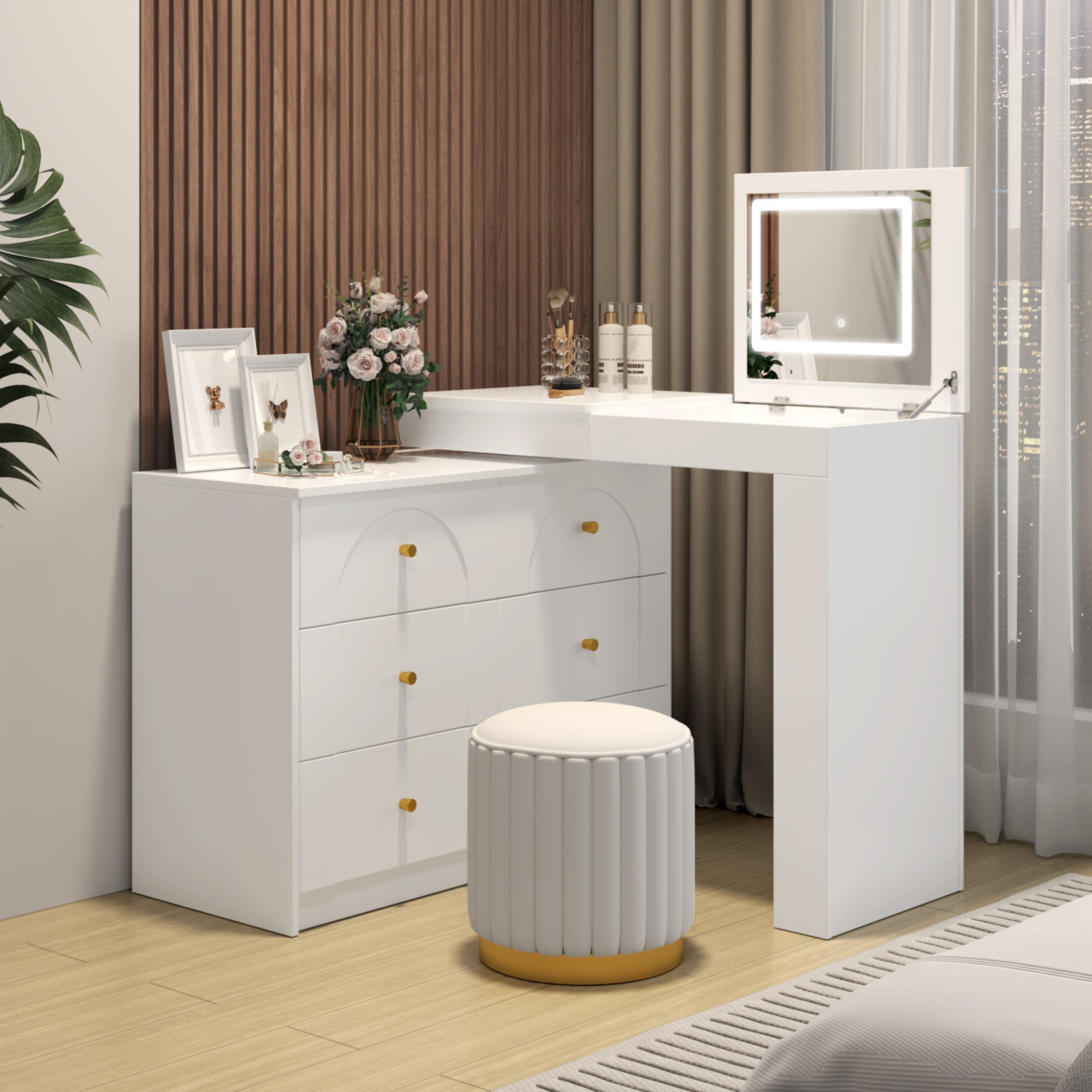 Vanity Desk with Mirror and Lights, Makeup Vanity Table with Flip-Top Tabletop and Storage 7 Drawers, 9 Compartments, 3 Shelves, 3 Color Modes Adjustable Makeup Table for Bedroom,White (N733P279096K) - Image 2