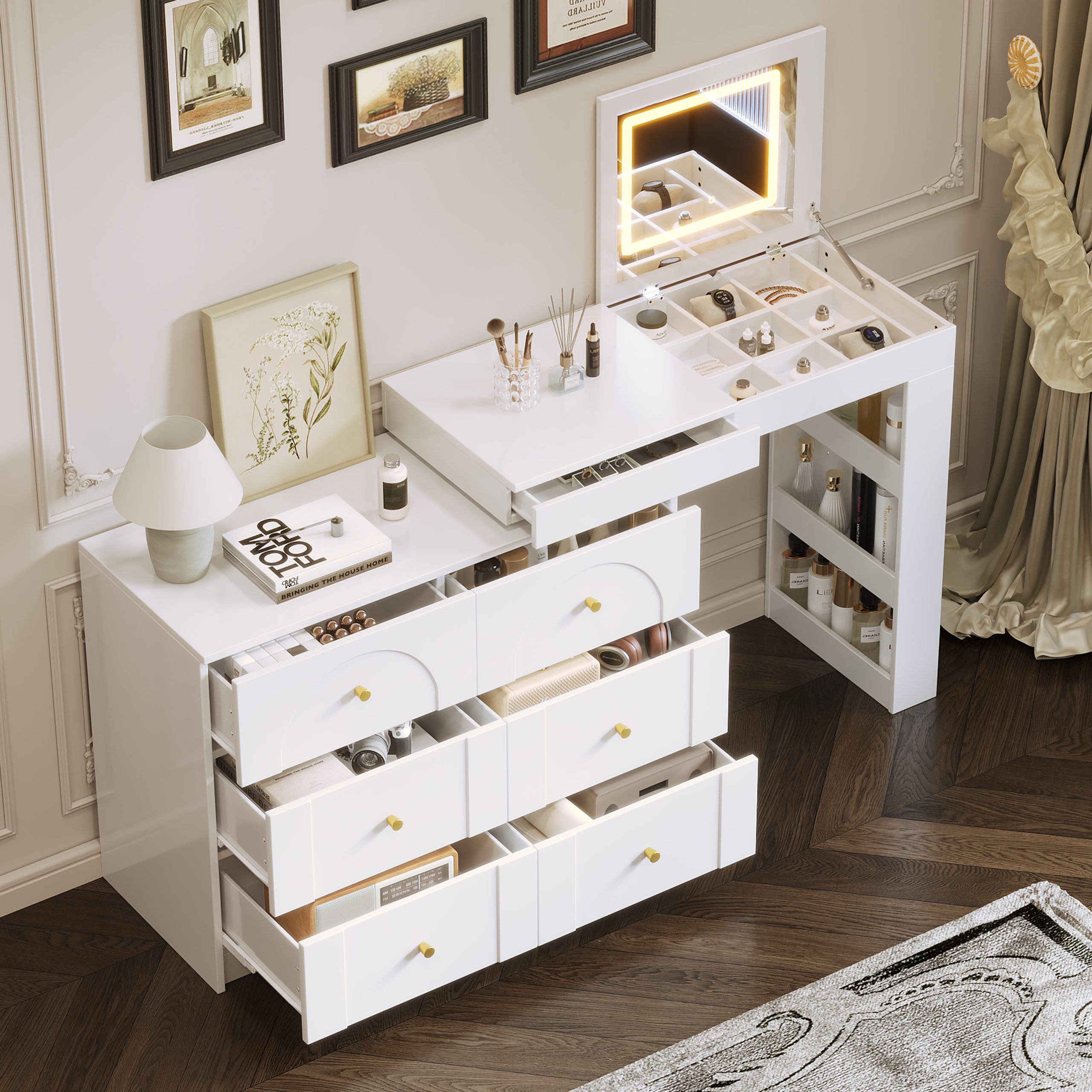 Vanity Desk with Mirror and Lights, Makeup Vanity Table with Flip-Top Tabletop and Storage 7 Drawers, 9 Compartments, 3 Shelves, 3 Color Modes Adjustable Makeup Table for Bedroom,White (N733P279096K) - Image 3