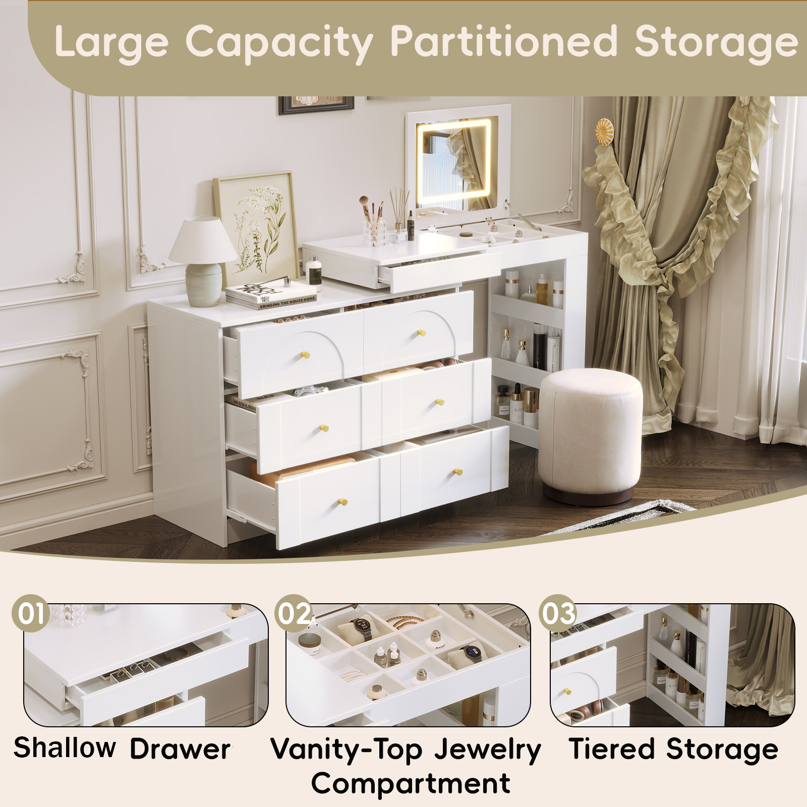 Vanity Desk with Mirror and Lights, Makeup Vanity Table with Flip-Top Tabletop and Storage 7 Drawers, 9 Compartments, 3 Shelves, 3 Color Modes Adjustable Makeup Table for Bedroom,White (N733P279096K) - Image 5