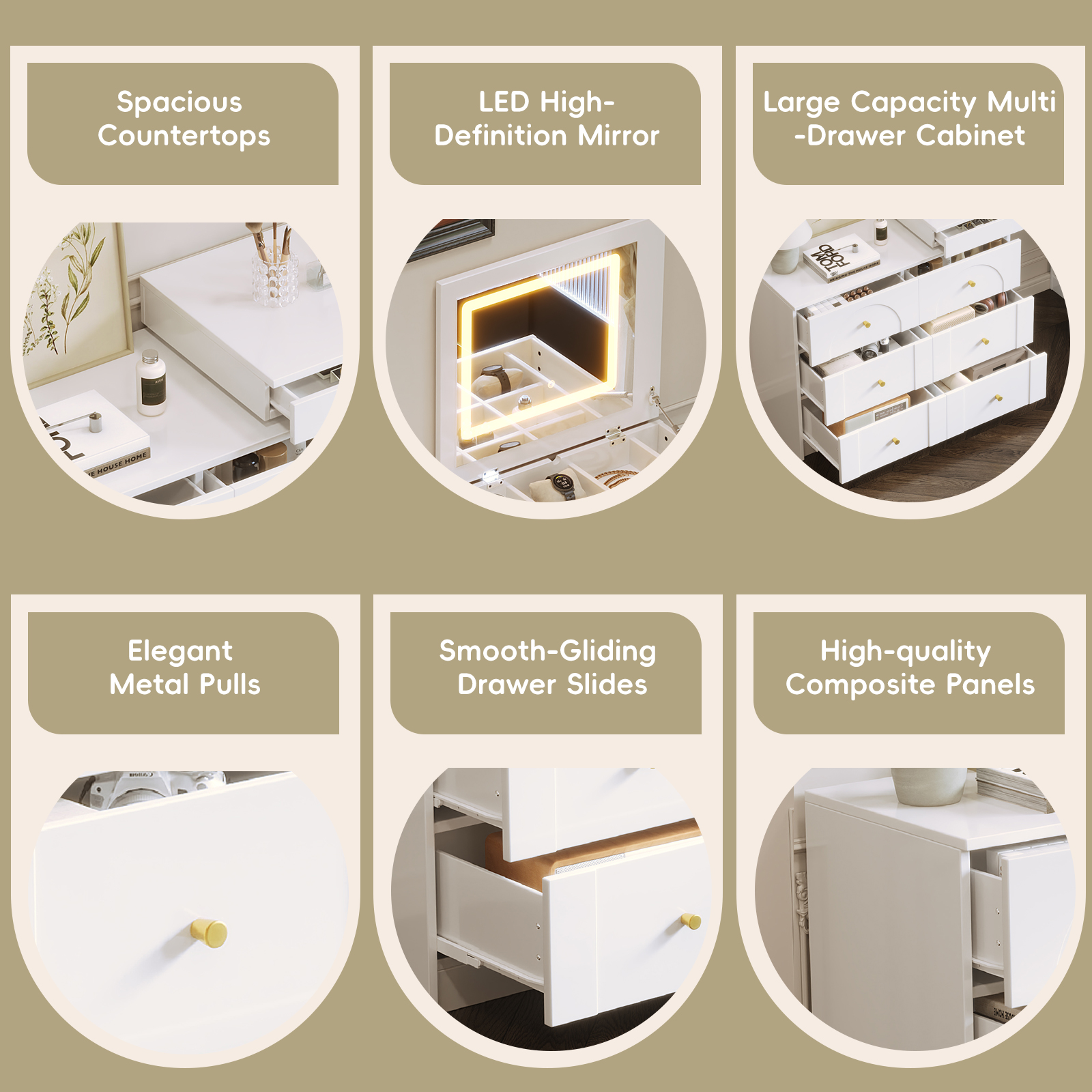 Vanity Desk with Mirror and Lights, Makeup Vanity Table with Flip-Top Tabletop and Storage 7 Drawers, 9 Compartments, 3 Shelves, 3 Color Modes Adjustable Makeup Table for Bedroom,White (N733P279096K) - Image 6