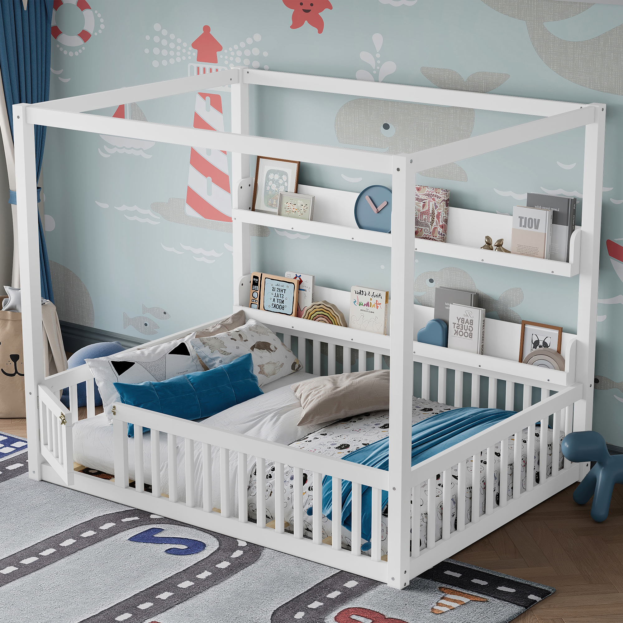 Full Size Canopy Bed with Guardrails, Solid Wood Floor Bed with Shelves, Montessori Floor Bed Frame for Kids, Boys, Girls, No Spring Box Needed, White - Image 1