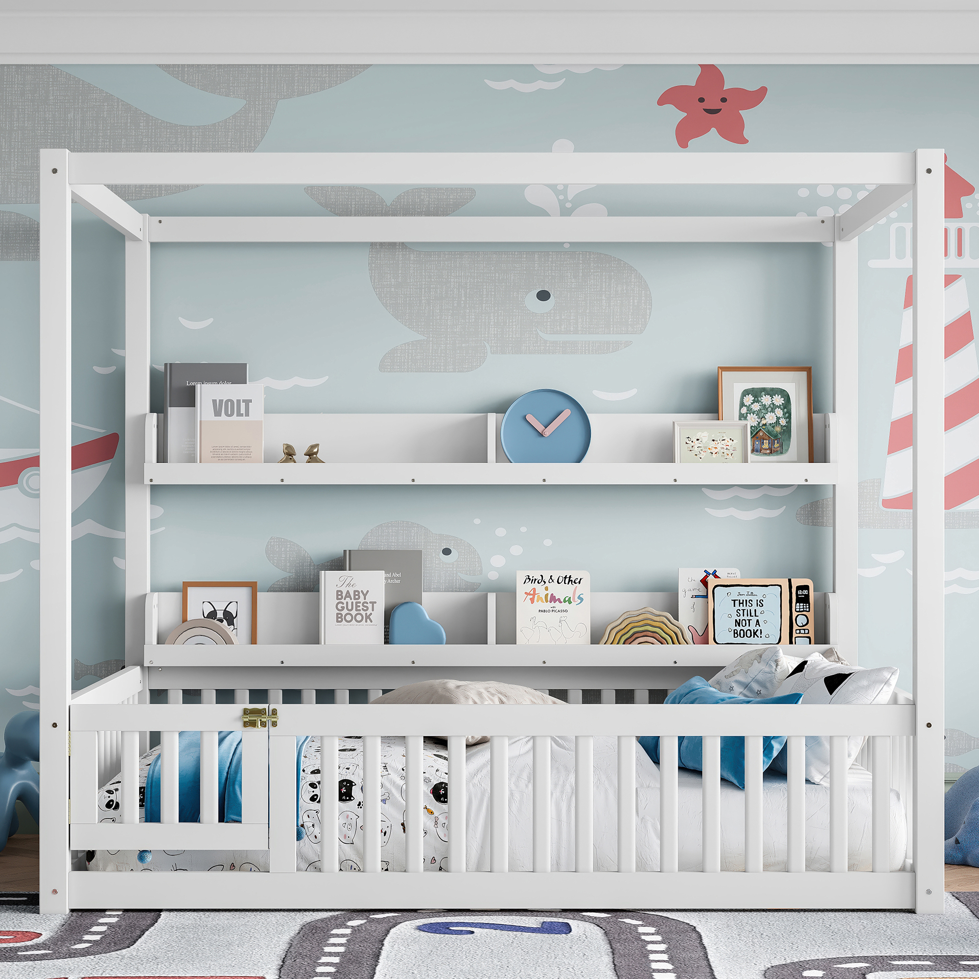 Full Size Canopy Bed with Guardrails, Solid Wood Floor Bed with Shelves, Montessori Floor Bed Frame for Kids, Boys, Girls, No Spring Box Needed, White - Image 3