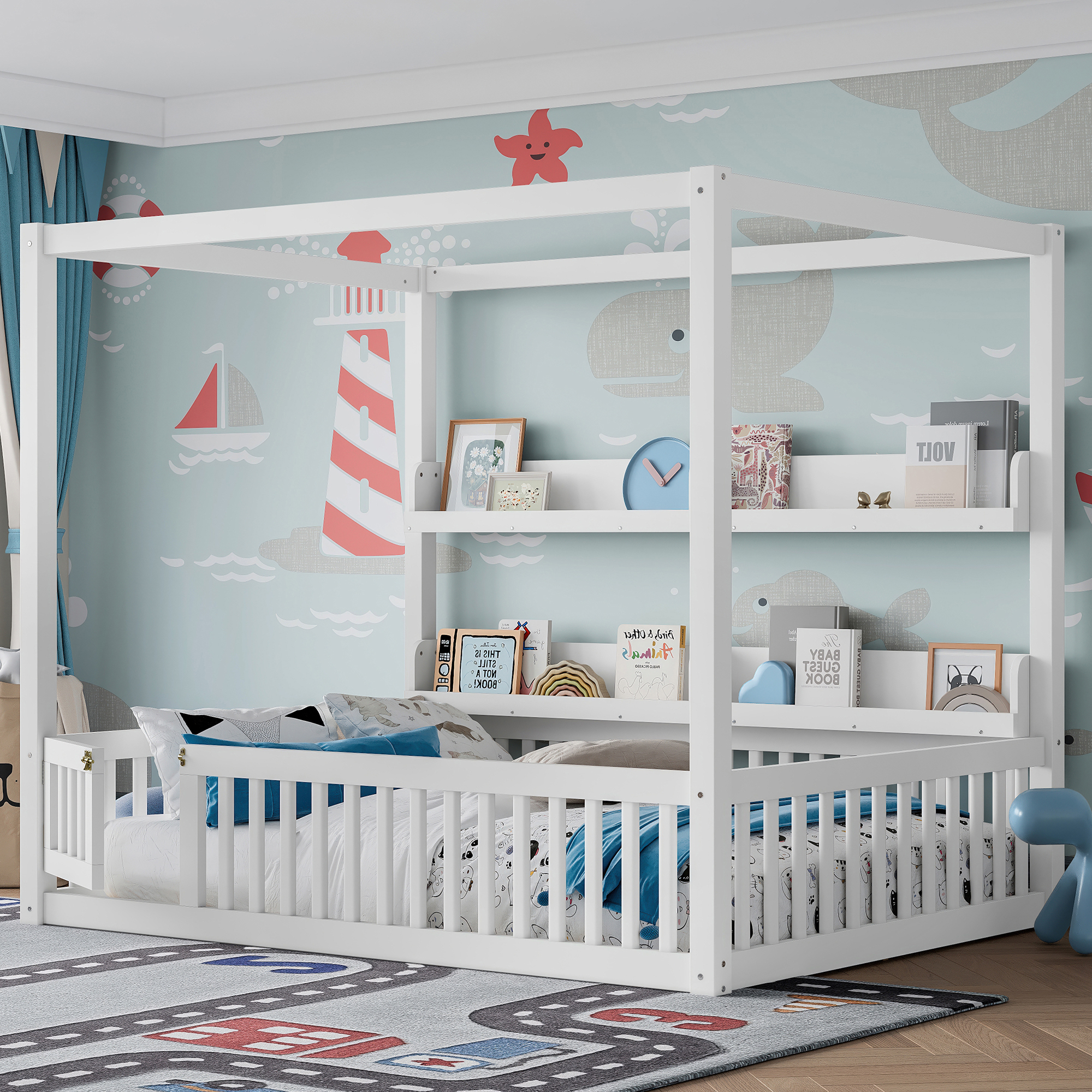 Full Size Canopy Bed with Guardrails, Solid Wood Floor Bed with Shelves, Montessori Floor Bed Frame for Kids, Boys, Girls, No Spring Box Needed, White - Image 2