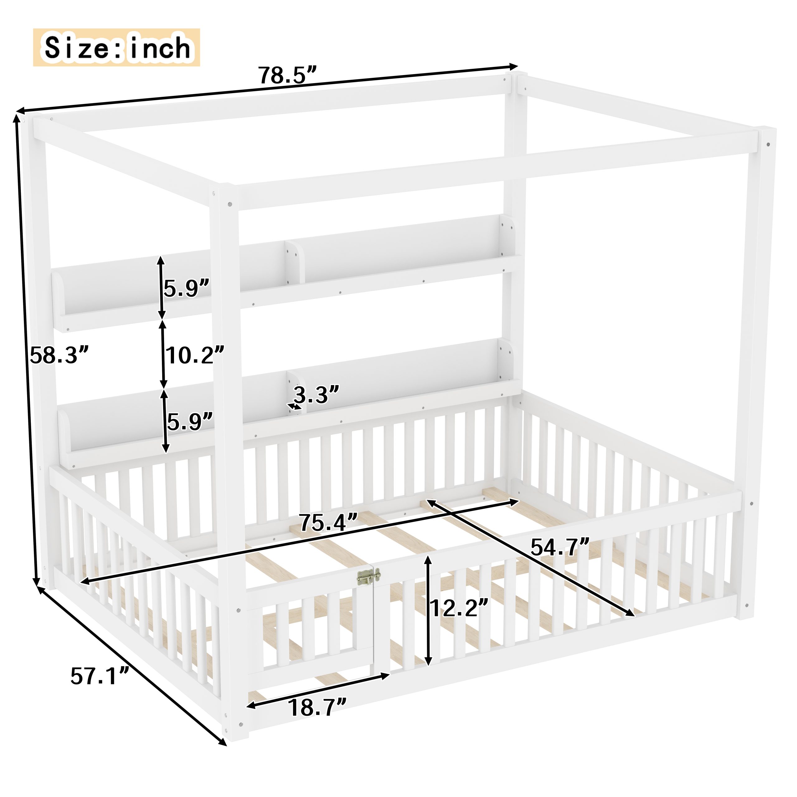 Full Size Canopy Bed with Guardrails, Solid Wood Floor Bed with Shelves, Montessori Floor Bed Frame for Kids, Boys, Girls, No Spring Box Needed, White - Image 4