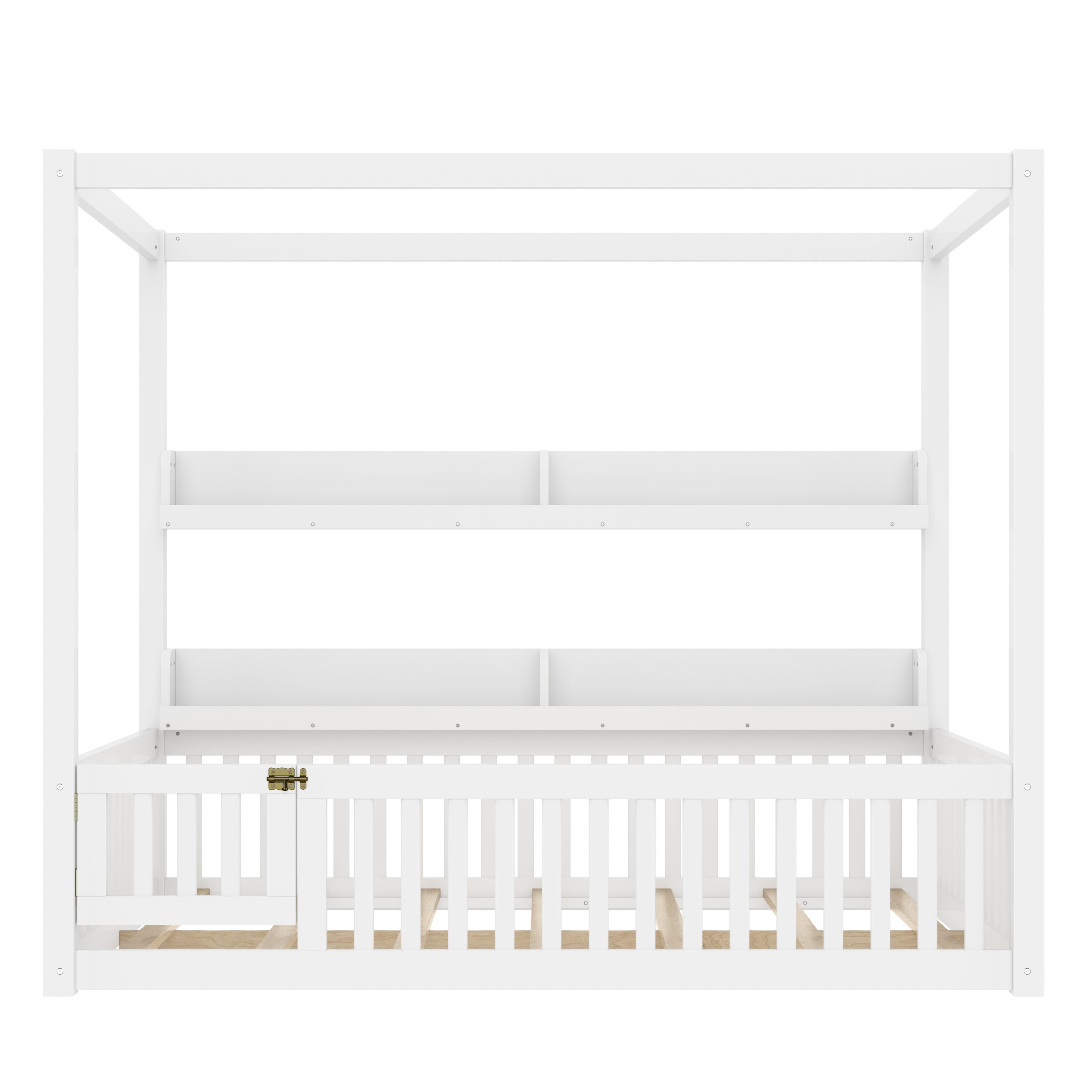 Full Size Canopy Bed with Guardrails, Solid Wood Floor Bed with Shelves, Montessori Floor Bed Frame for Kids, Boys, Girls, No Spring Box Needed, White - Image 5