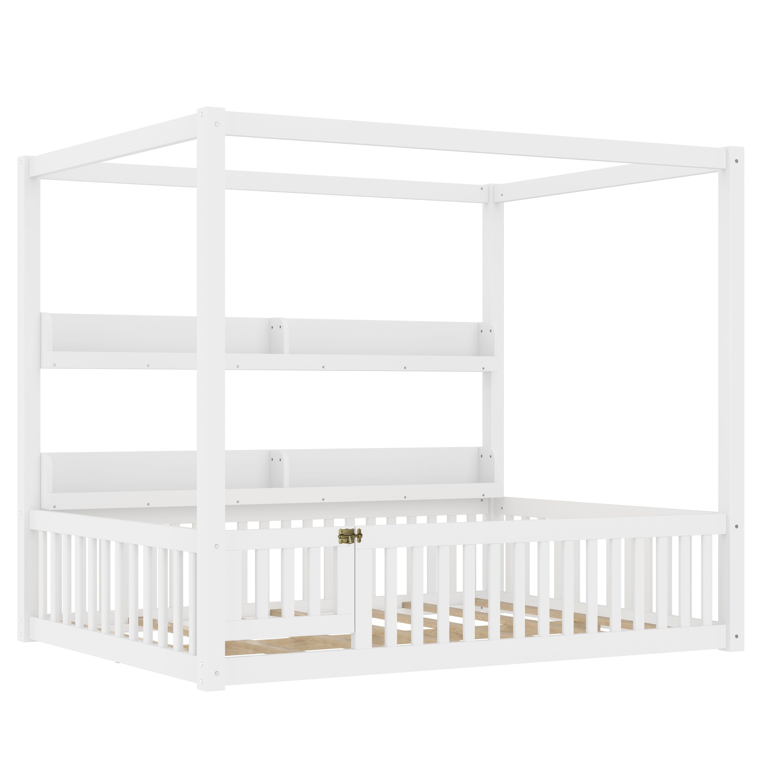 Full Size Canopy Bed with Guardrails, Solid Wood Floor Bed with Shelves, Montessori Floor Bed Frame for Kids, Boys, Girls, No Spring Box Needed, White - Image 6