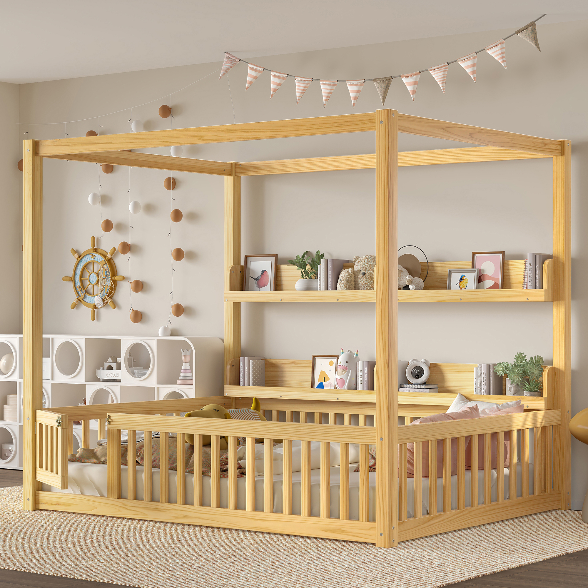 Full Size Canopy Bed with Guardrails, Solid Wood Floor Bed with Shelves, Montessori Floor Bed Frame for Kids, Boys, Girls, No Spring Box Needed, Natural - Image 2
