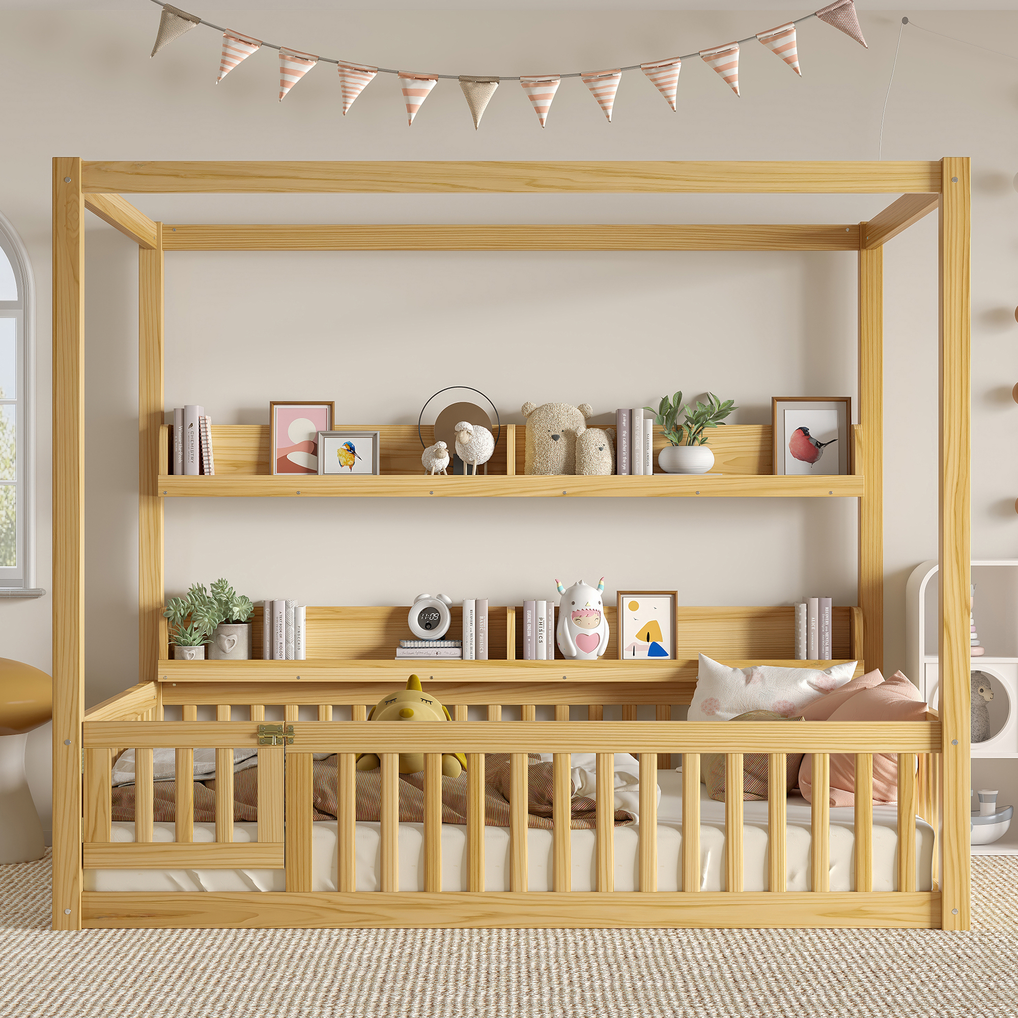 Full Size Canopy Bed with Guardrails, Solid Wood Floor Bed with Shelves, Montessori Floor Bed Frame for Kids, Boys, Girls, No Spring Box Needed, Natural - Image 3