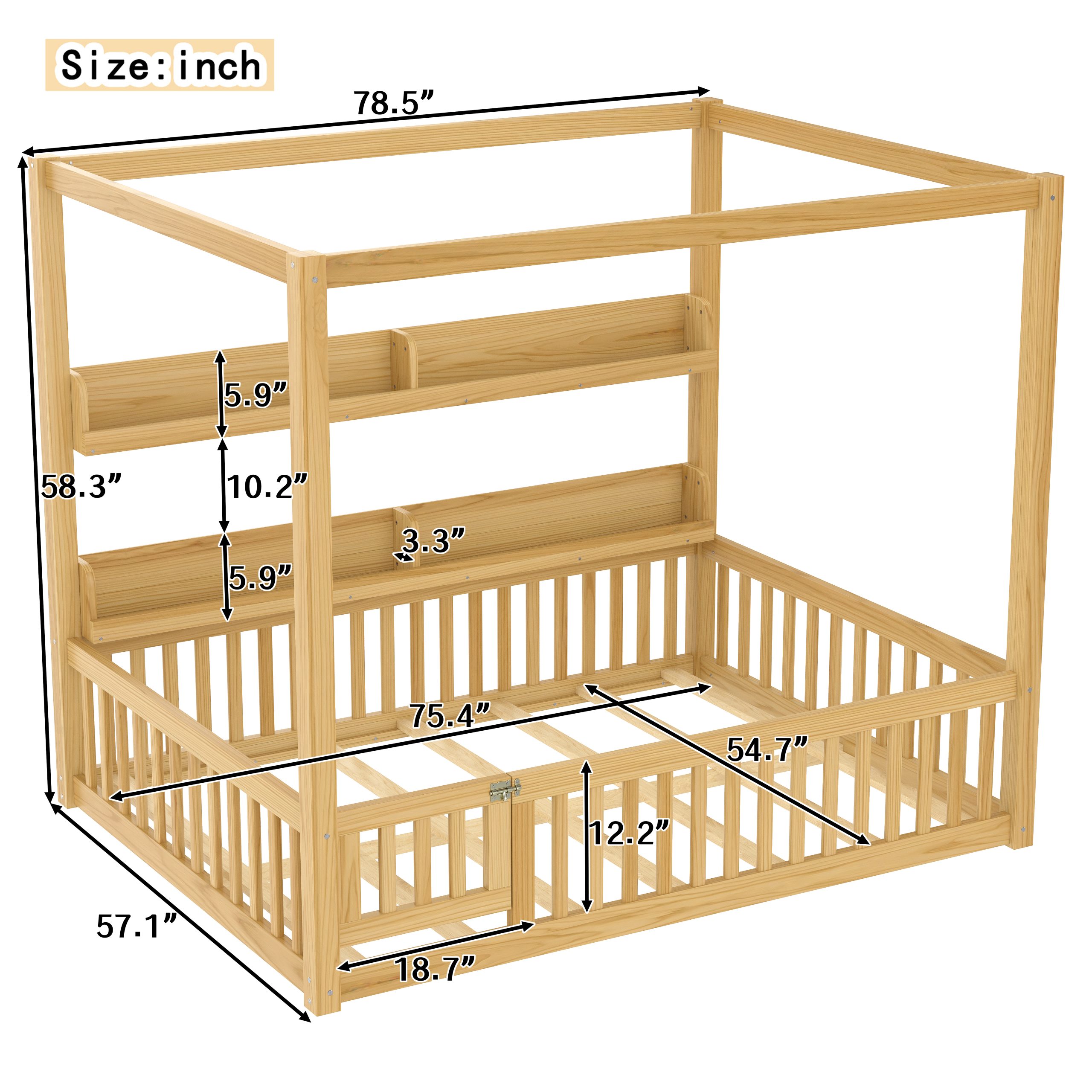 Full Size Canopy Bed with Guardrails, Solid Wood Floor Bed with Shelves, Montessori Floor Bed Frame for Kids, Boys, Girls, No Spring Box Needed, Natural - Image 4
