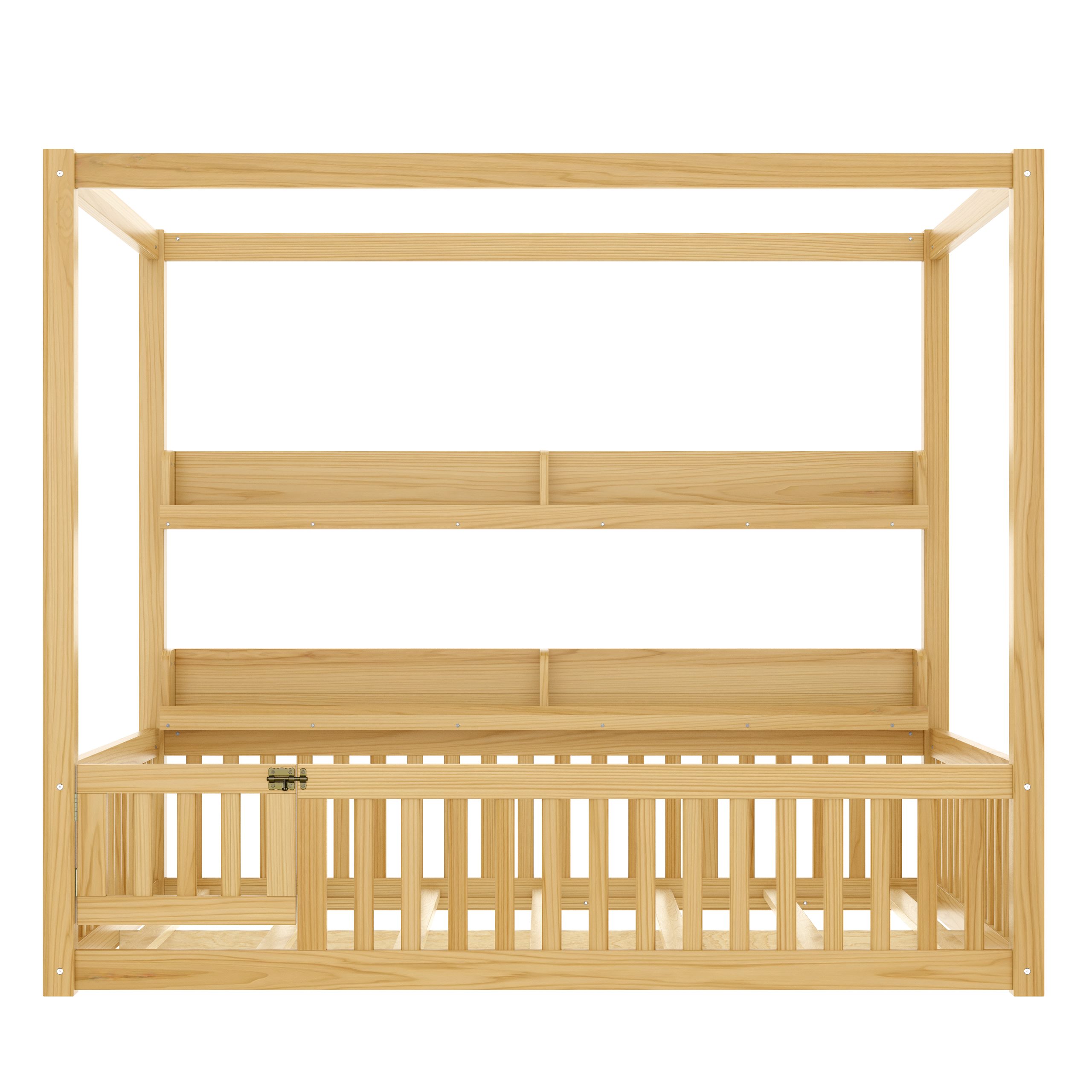 Full Size Canopy Bed with Guardrails, Solid Wood Floor Bed with Shelves, Montessori Floor Bed Frame for Kids, Boys, Girls, No Spring Box Needed, Natural - Image 5