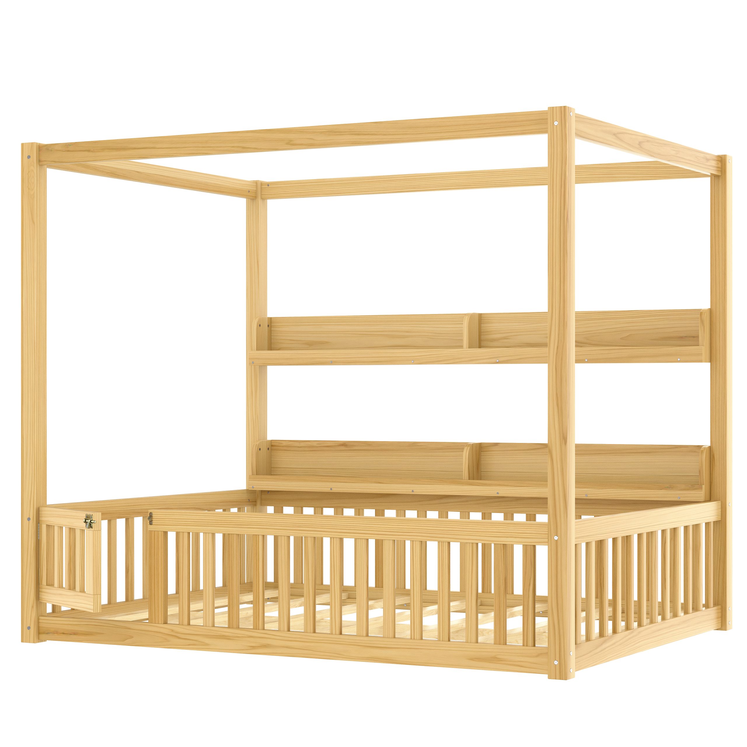 Full Size Canopy Bed with Guardrails, Solid Wood Floor Bed with Shelves, Montessori Floor Bed Frame for Kids, Boys, Girls, No Spring Box Needed, Natural - Image 6