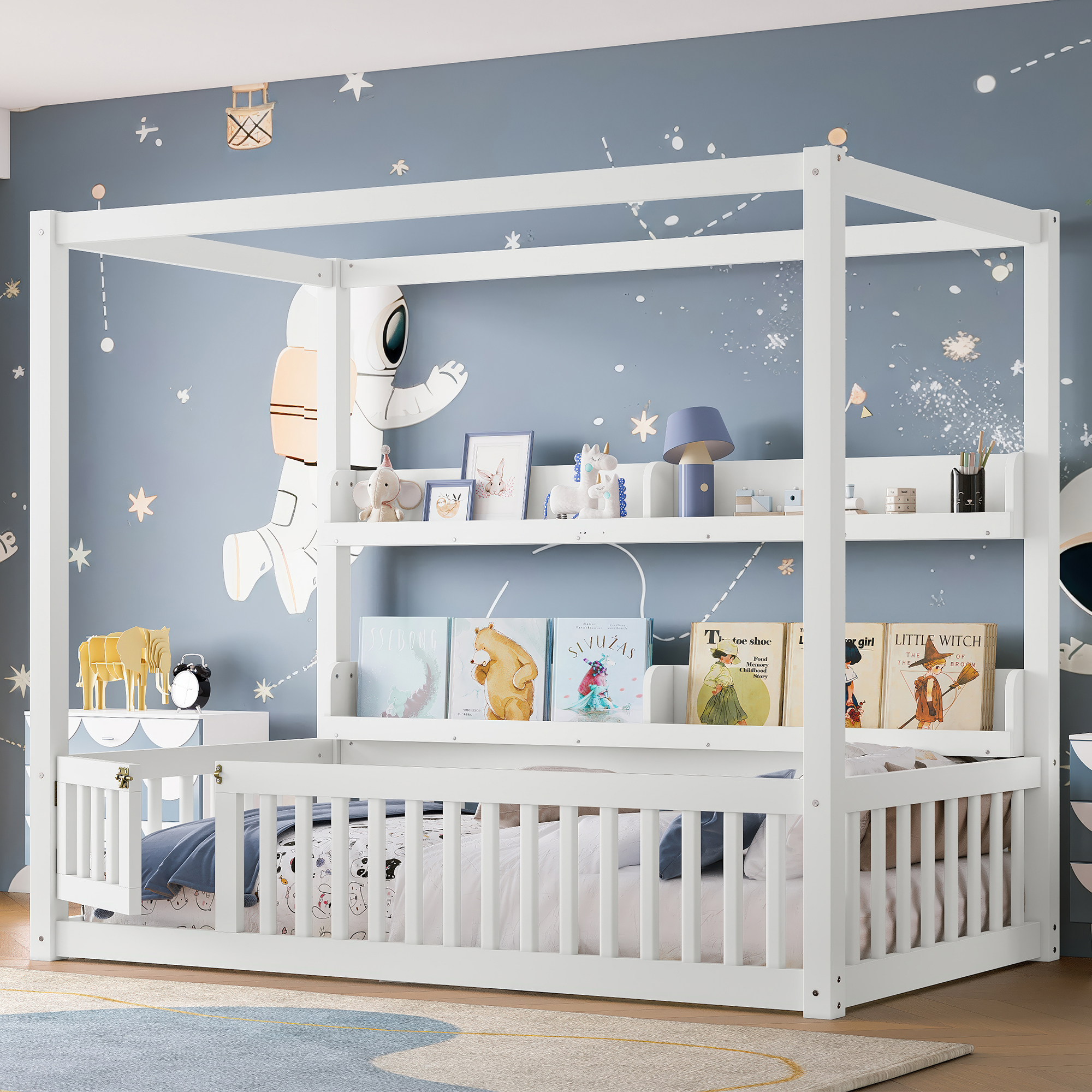 Twin Size Canopy Bed with Guardrails, Solid Wood Floor Bed with Shelves, Montessori Floor Bed Frame for Kids, Boys, Girls, No Spring Box Needed, White