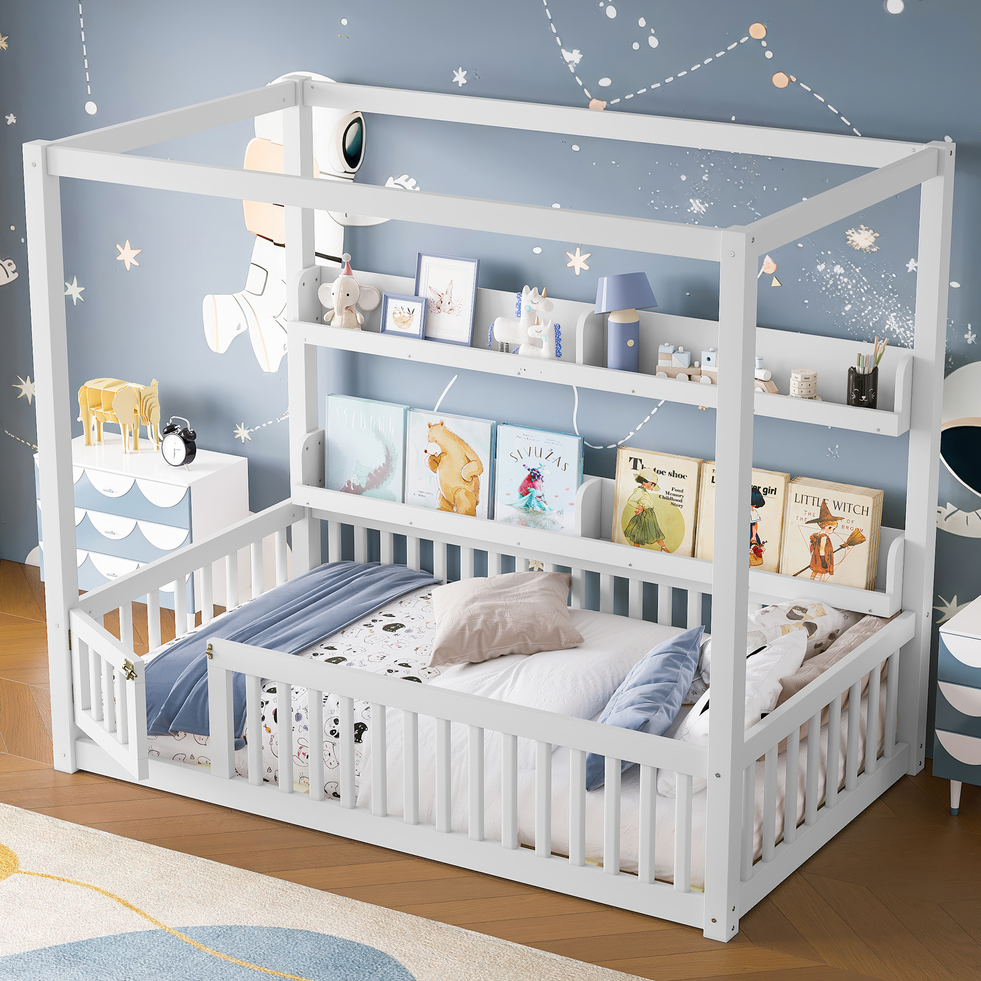 Twin Size Canopy Bed with Guardrails, Solid Wood Floor Bed with Shelves, Montessori Floor Bed Frame for Kids, Boys, Girls, No Spring Box Needed, White - Image 2