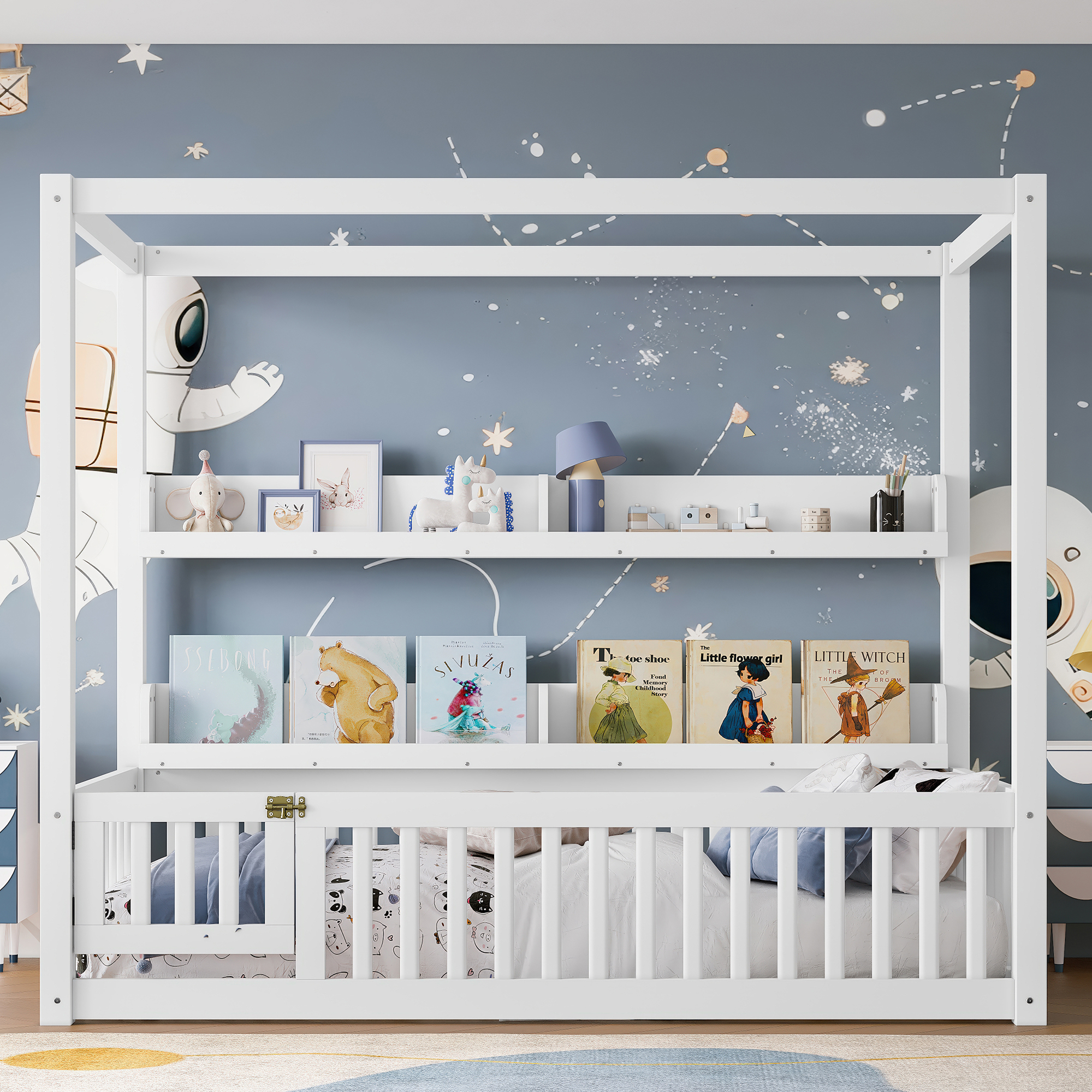Twin Size Canopy Bed with Guardrails, Solid Wood Floor Bed with Shelves, Montessori Floor Bed Frame for Kids, Boys, Girls, No Spring Box Needed, White - Image 3