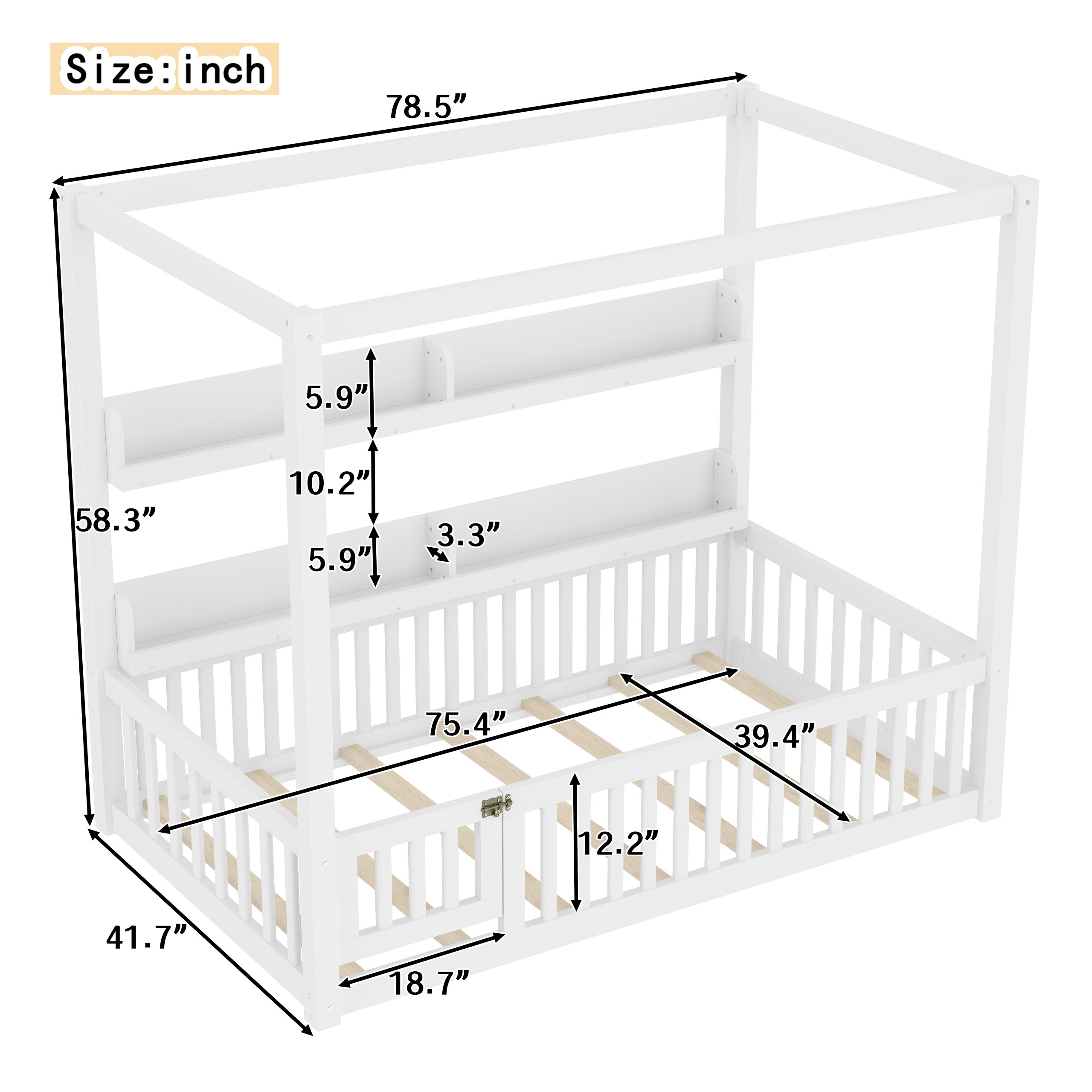 Twin Size Canopy Bed with Guardrails, Solid Wood Floor Bed with Shelves, Montessori Floor Bed Frame for Kids, Boys, Girls, No Spring Box Needed, White - Image 4