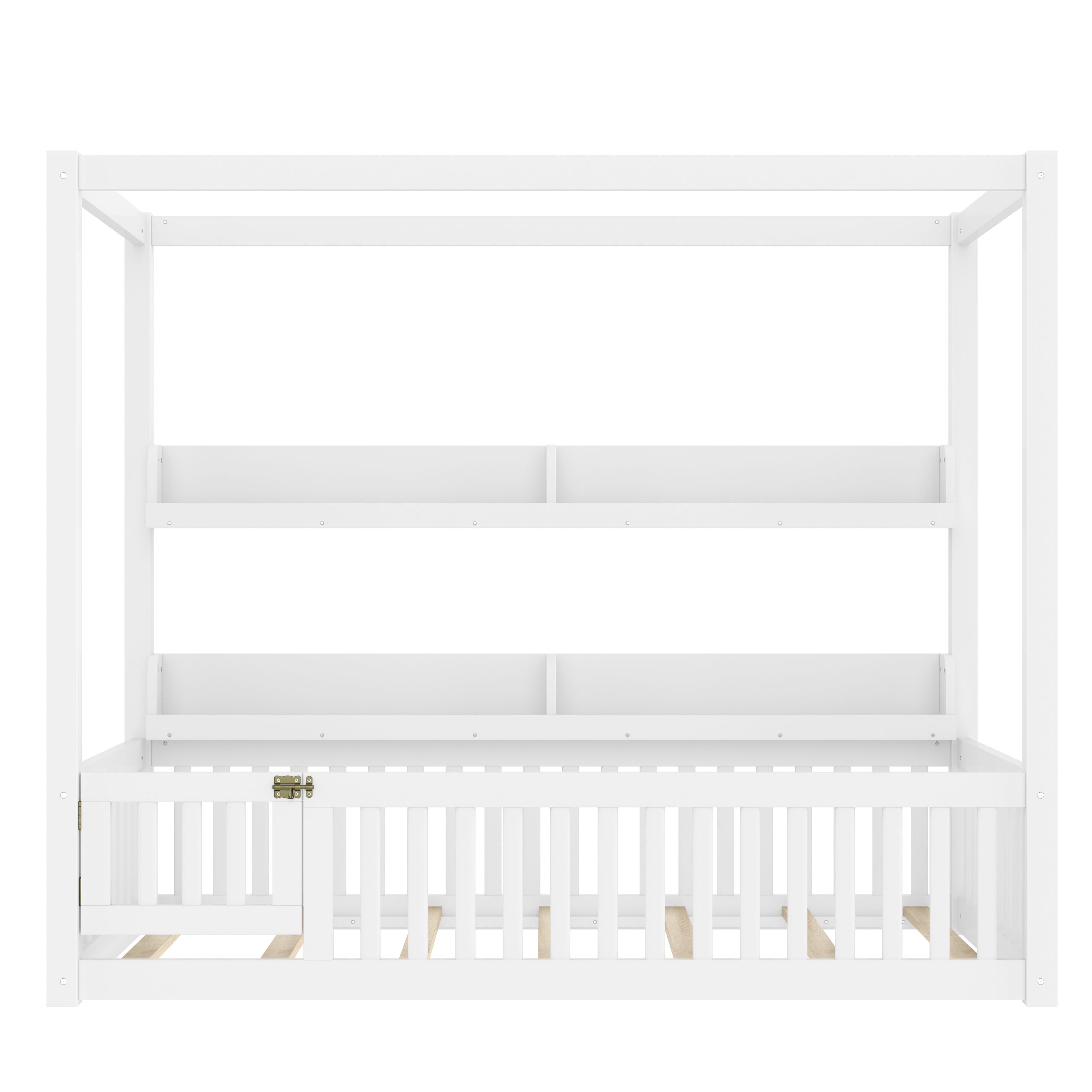 Twin Size Canopy Bed with Guardrails, Solid Wood Floor Bed with Shelves, Montessori Floor Bed Frame for Kids, Boys, Girls, No Spring Box Needed, White - Image 5