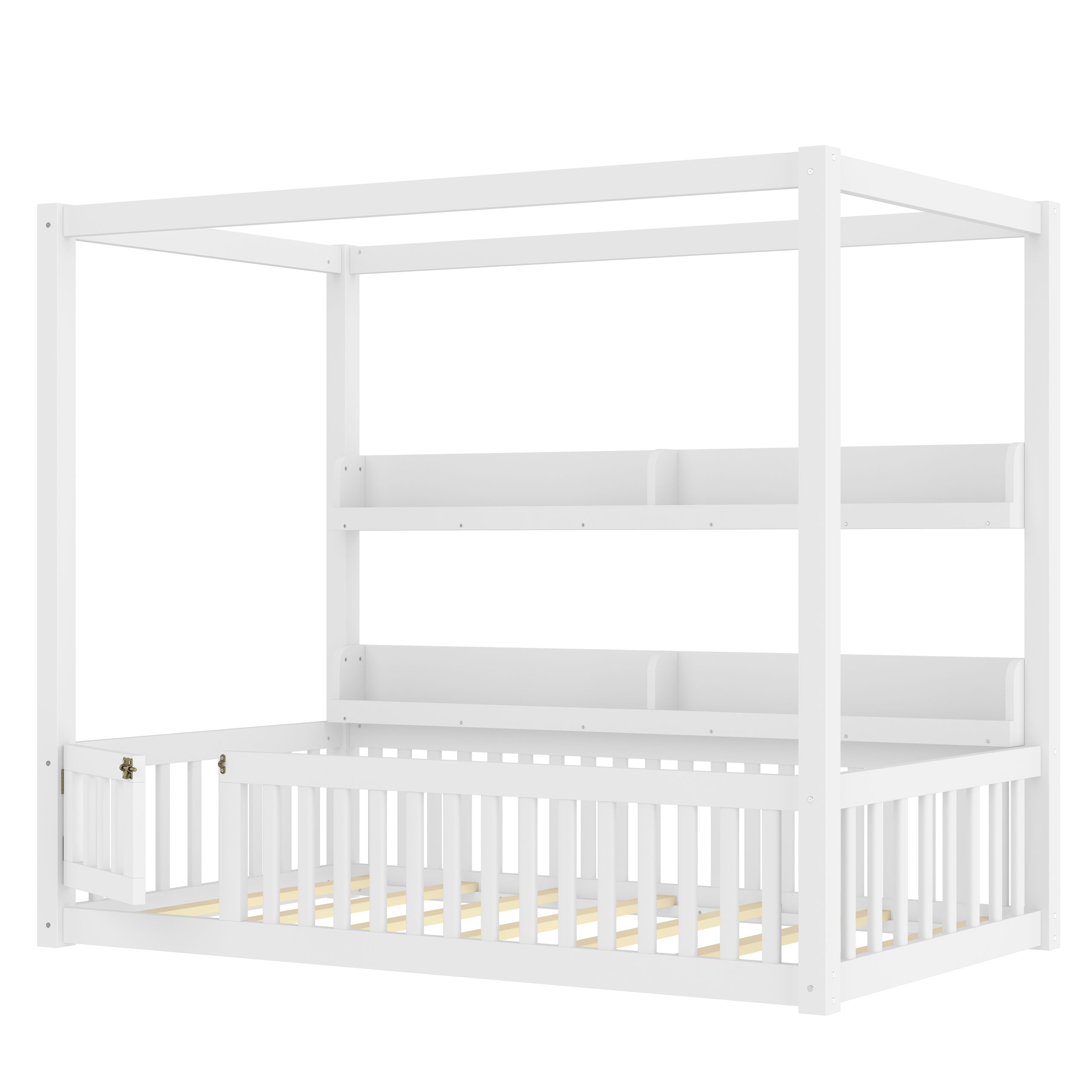 Twin Size Canopy Bed with Guardrails, Solid Wood Floor Bed with Shelves, Montessori Floor Bed Frame for Kids, Boys, Girls, No Spring Box Needed, White - Image 6