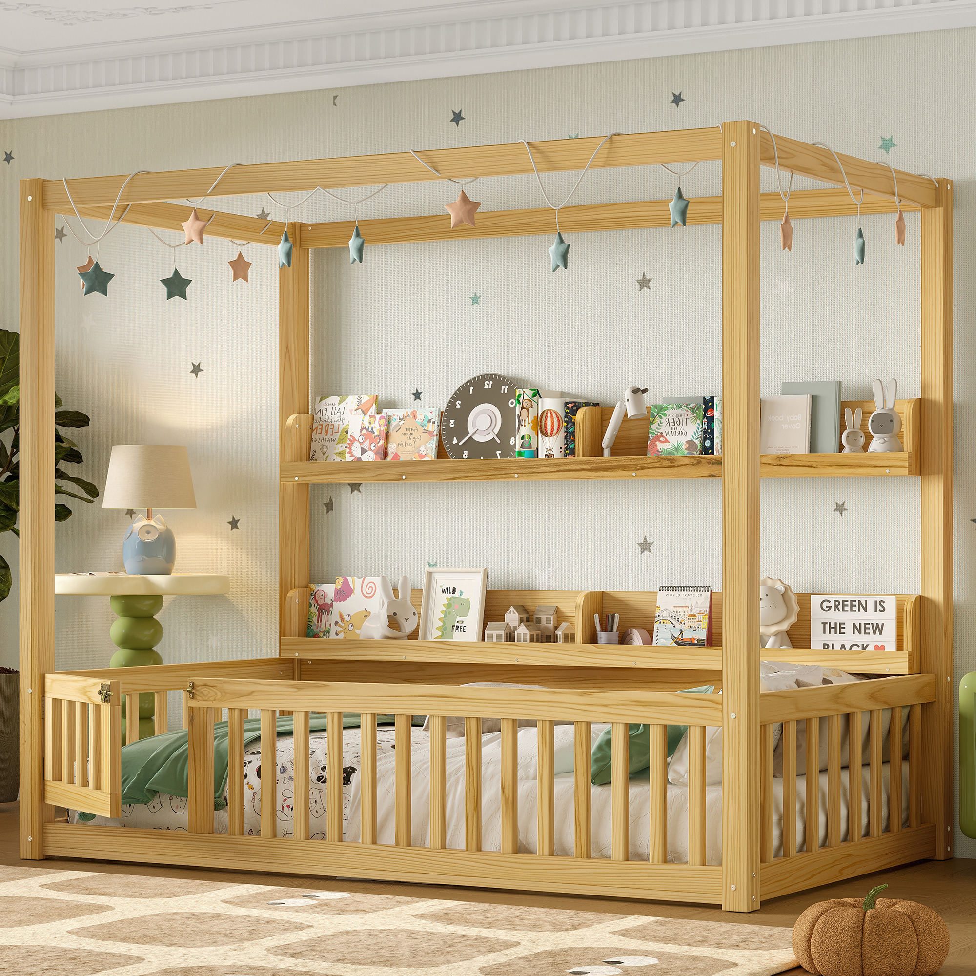 Twin Size Canopy Bed with Guardrails, Solid Wood Floor Bed with Shelves, Montessori Floor Bed Frame for Kids, Boys, Girls, No Spring Box Needed, Natural - Image 1