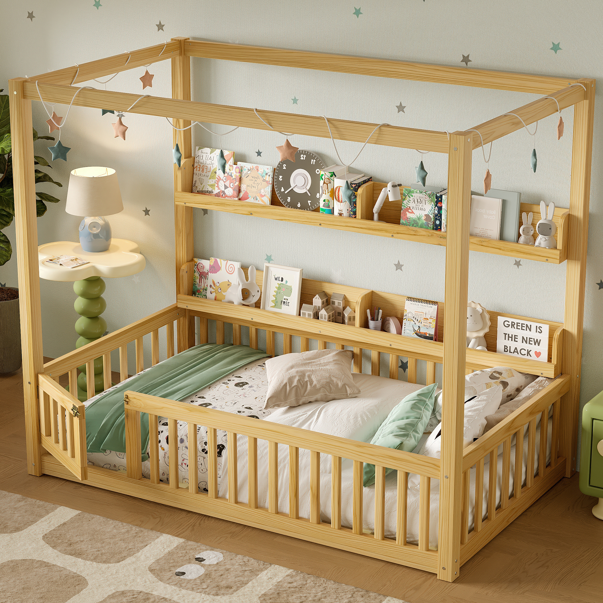 Twin Size Canopy Bed with Guardrails, Solid Wood Floor Bed with Shelves, Montessori Floor Bed Frame for Kids, Boys, Girls, No Spring Box Needed, Natural - Image 2