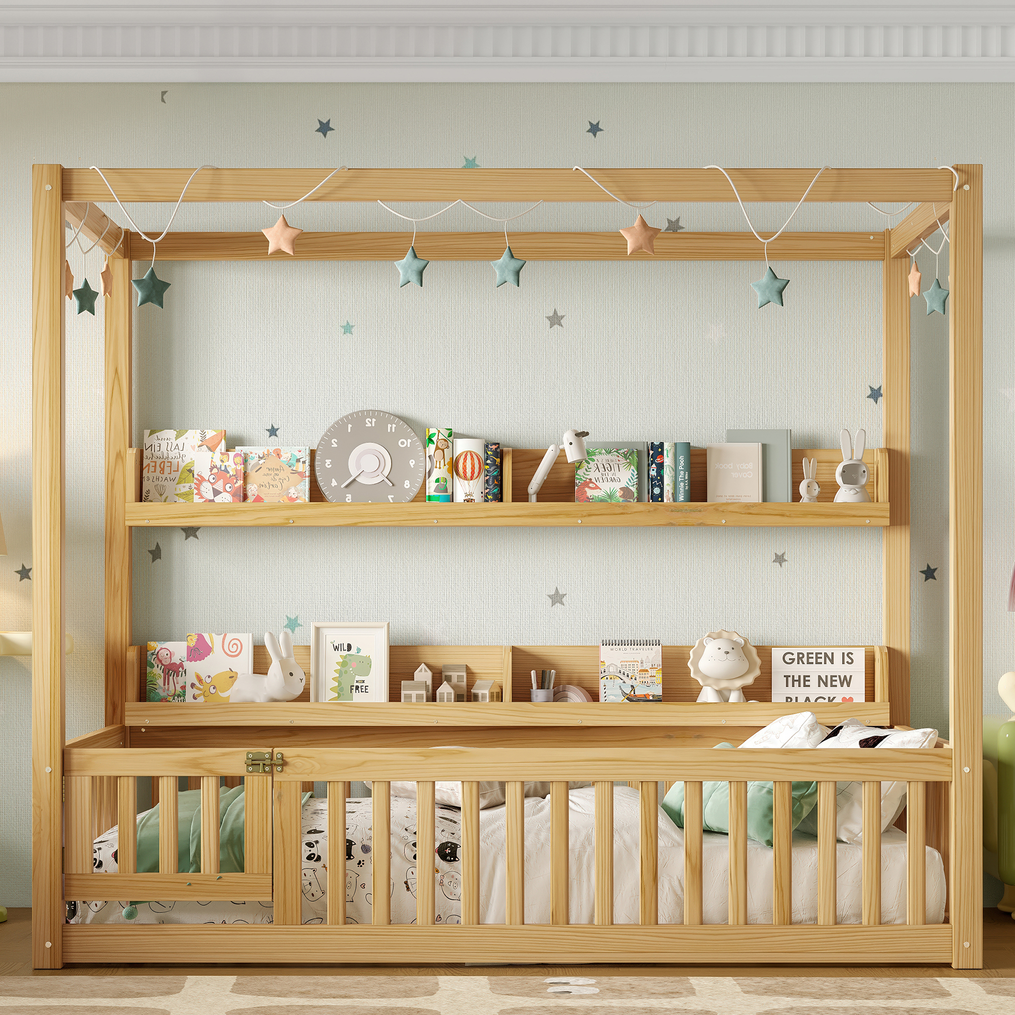 Twin Size Canopy Bed with Guardrails, Solid Wood Floor Bed with Shelves, Montessori Floor Bed Frame for Kids, Boys, Girls, No Spring Box Needed, Natural - Image 3