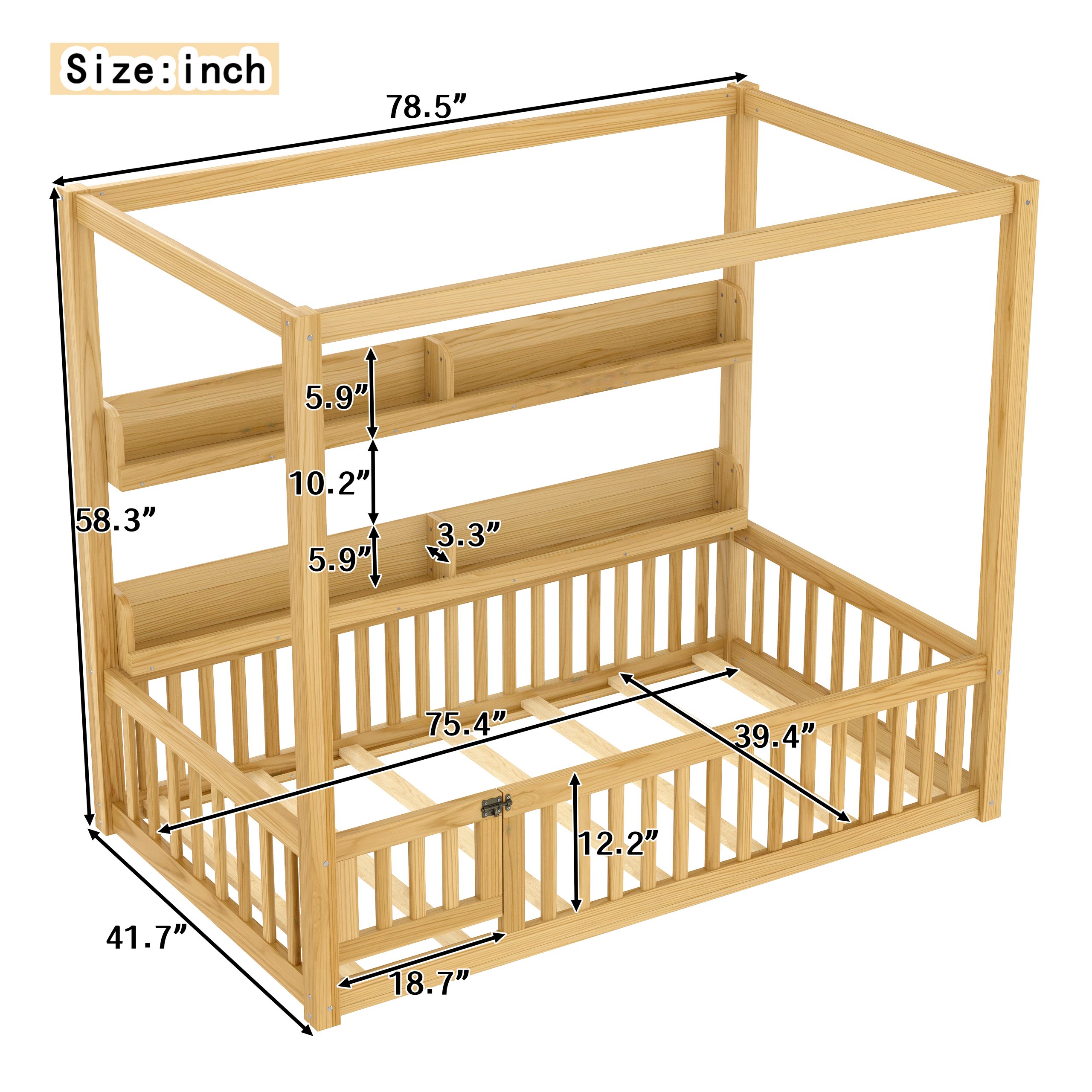 Twin Size Canopy Bed with Guardrails, Solid Wood Floor Bed with Shelves, Montessori Floor Bed Frame for Kids, Boys, Girls, No Spring Box Needed, Natural - Image 4