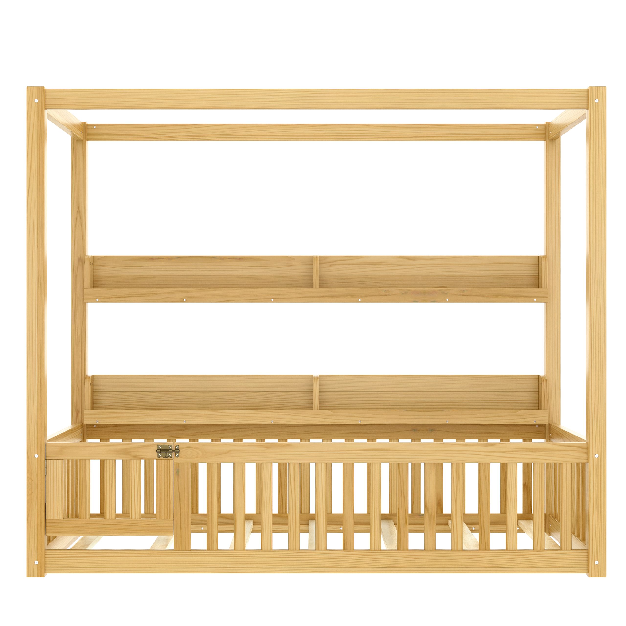Twin Size Canopy Bed with Guardrails, Solid Wood Floor Bed with Shelves, Montessori Floor Bed Frame for Kids, Boys, Girls, No Spring Box Needed, Natural - Image 5