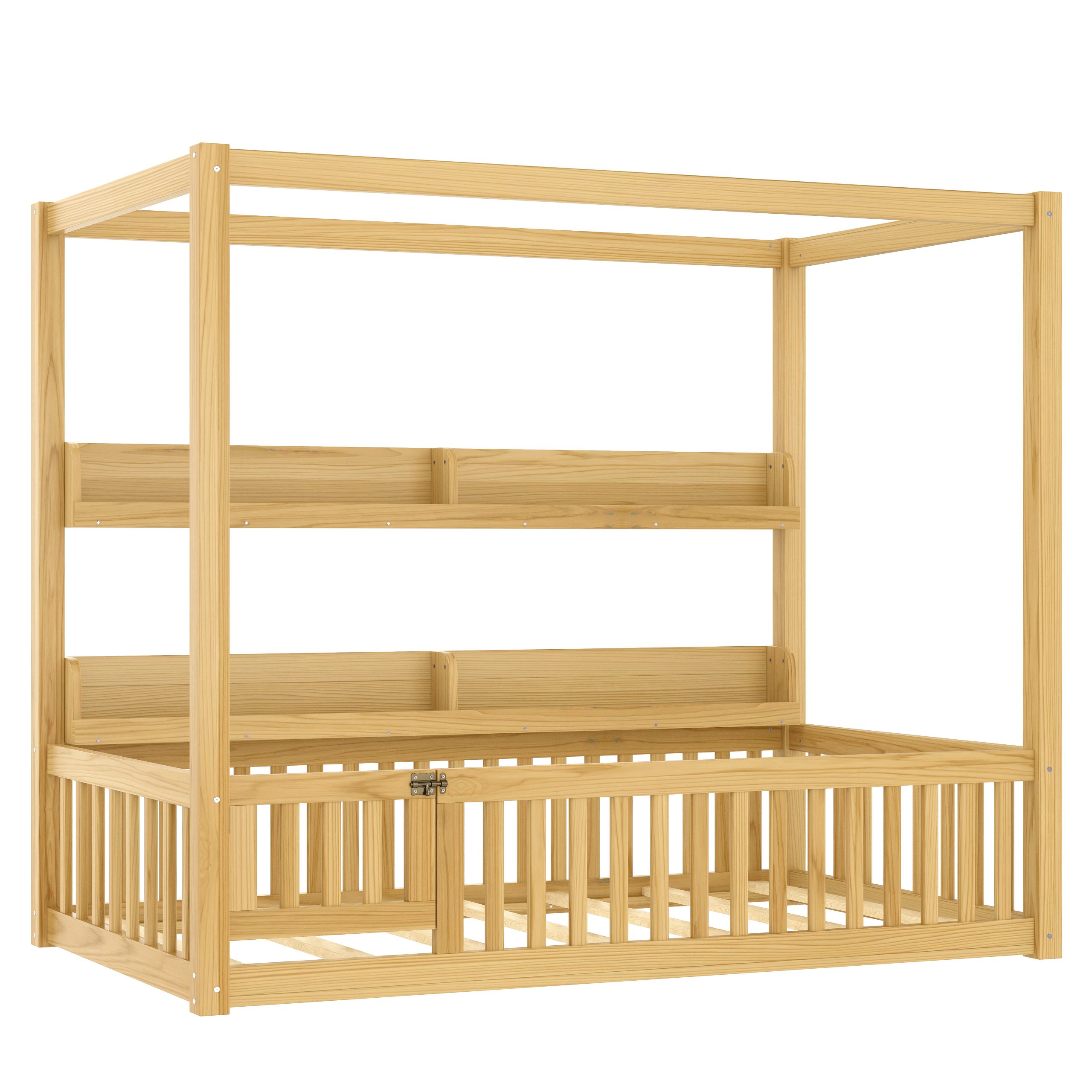 Twin Size Canopy Bed with Guardrails, Solid Wood Floor Bed with Shelves, Montessori Floor Bed Frame for Kids, Boys, Girls, No Spring Box Needed, Natural - Image 6