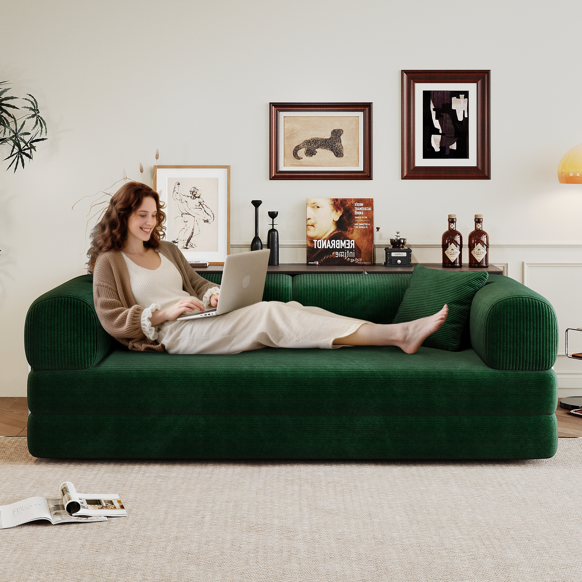 78.8" Compression Sofa,Convertible Floor Sofa Bed-with Pillow Back Support Armrest,Comfy Futon Couch Sleeper Bed,Loveseats Boneless Modular Sectional Sofa,Corduroy fabric,for Living Room,Bedroom,Green - Image 2