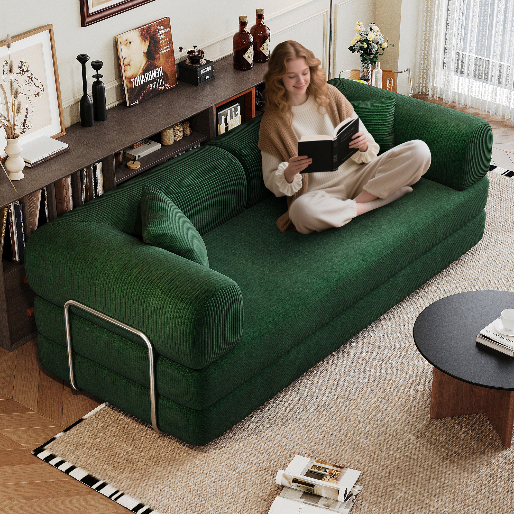 78.8" Compression Sofa,Convertible Floor Sofa Bed-with Pillow Back Support Armrest,Comfy Futon Couch Sleeper Bed,Loveseats Boneless Modular Sectional Sofa,Corduroy fabric,for Living Room,Bedroom,Green - Image 3
