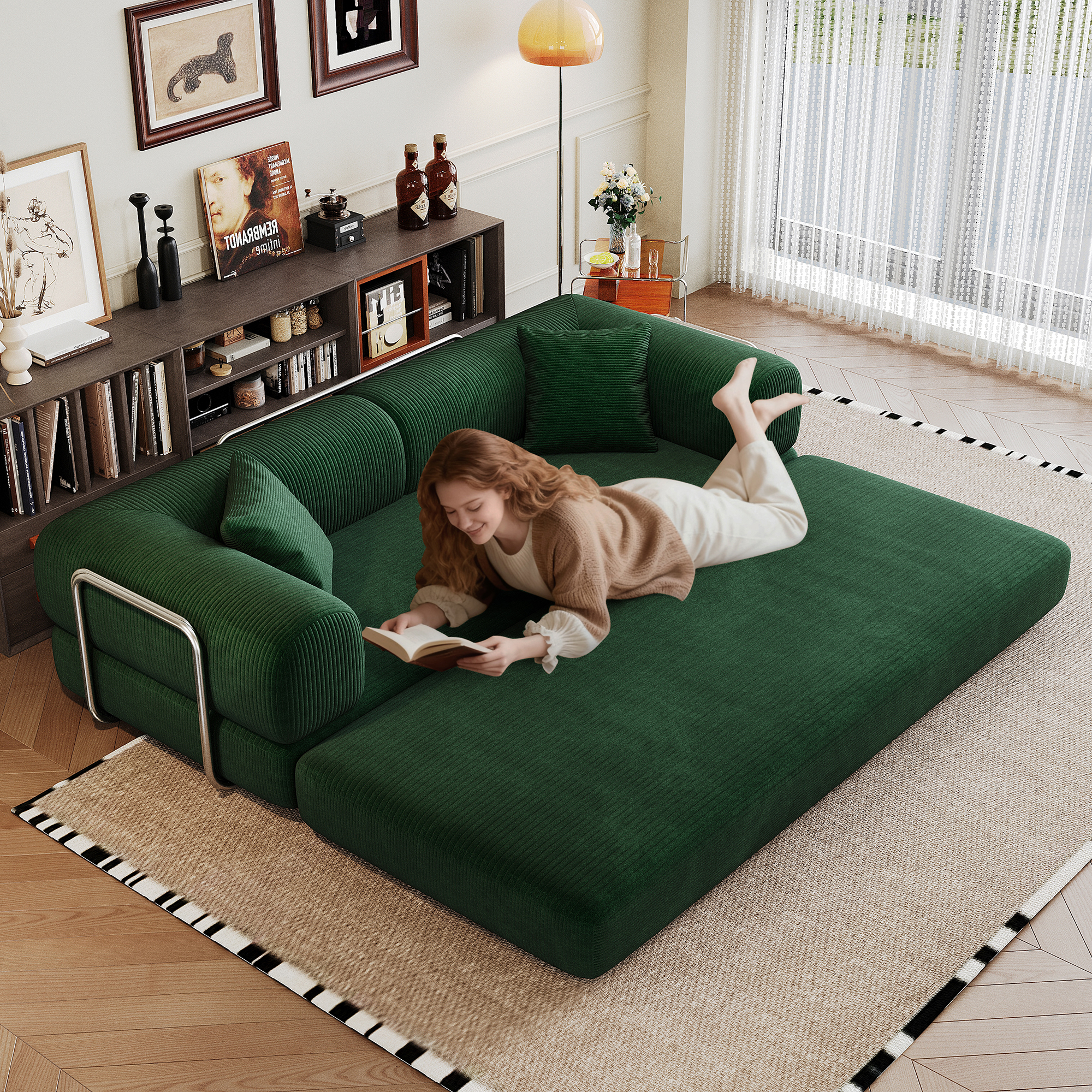 78.8" Compression Sofa,Convertible Floor Sofa Bed-with Pillow Back Support Armrest,Comfy Futon Couch Sleeper Bed,Loveseats Boneless Modular Sectional Sofa,Corduroy fabric,for Living Room,Bedroom,Green - Image 4