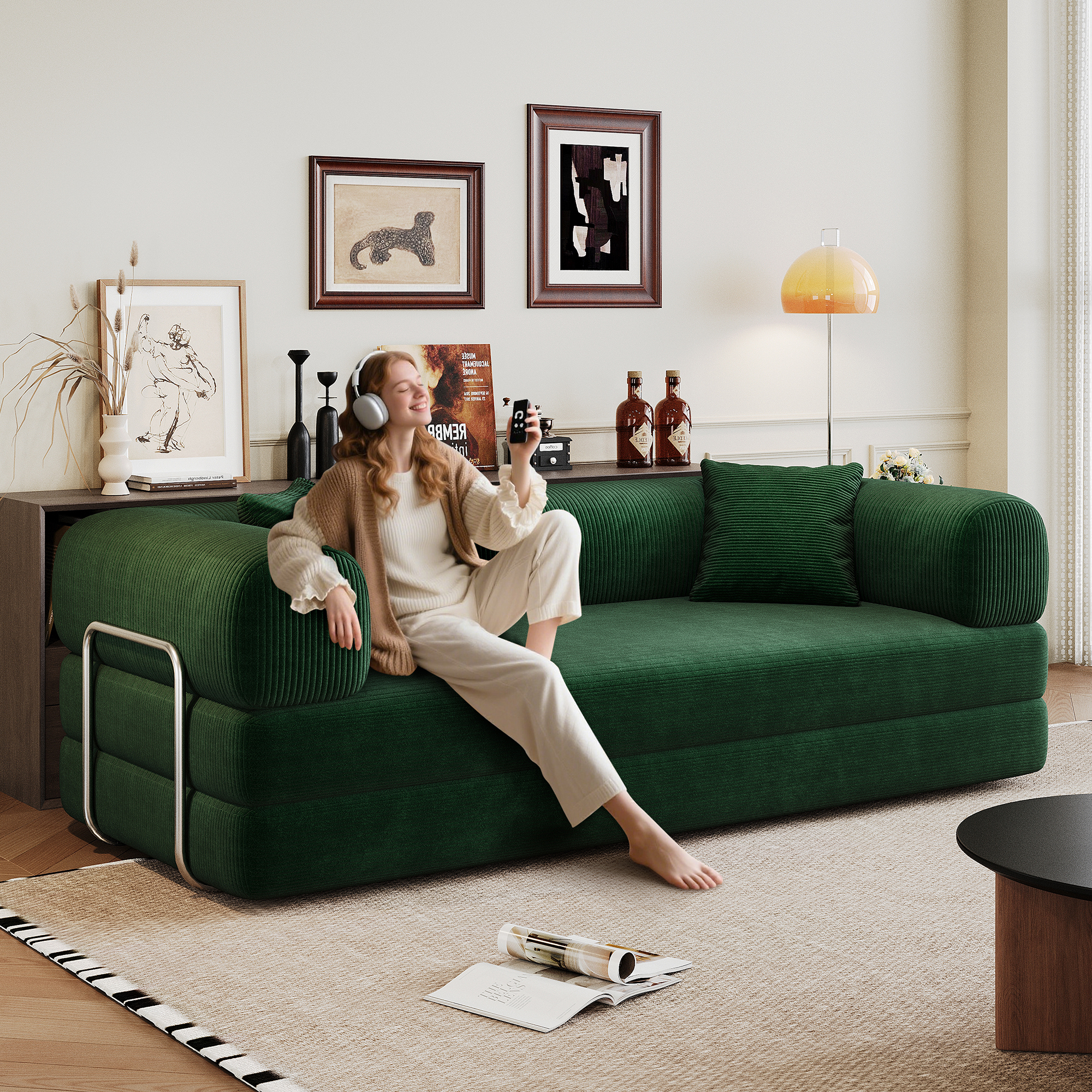 78.8" Compression Sofa,Convertible Floor Sofa Bed-with Pillow Back Support Armrest,Comfy Futon Couch Sleeper Bed,Loveseats Boneless Modular Sectional Sofa,Corduroy fabric,for Living Room,Bedroom,Green - Image 6