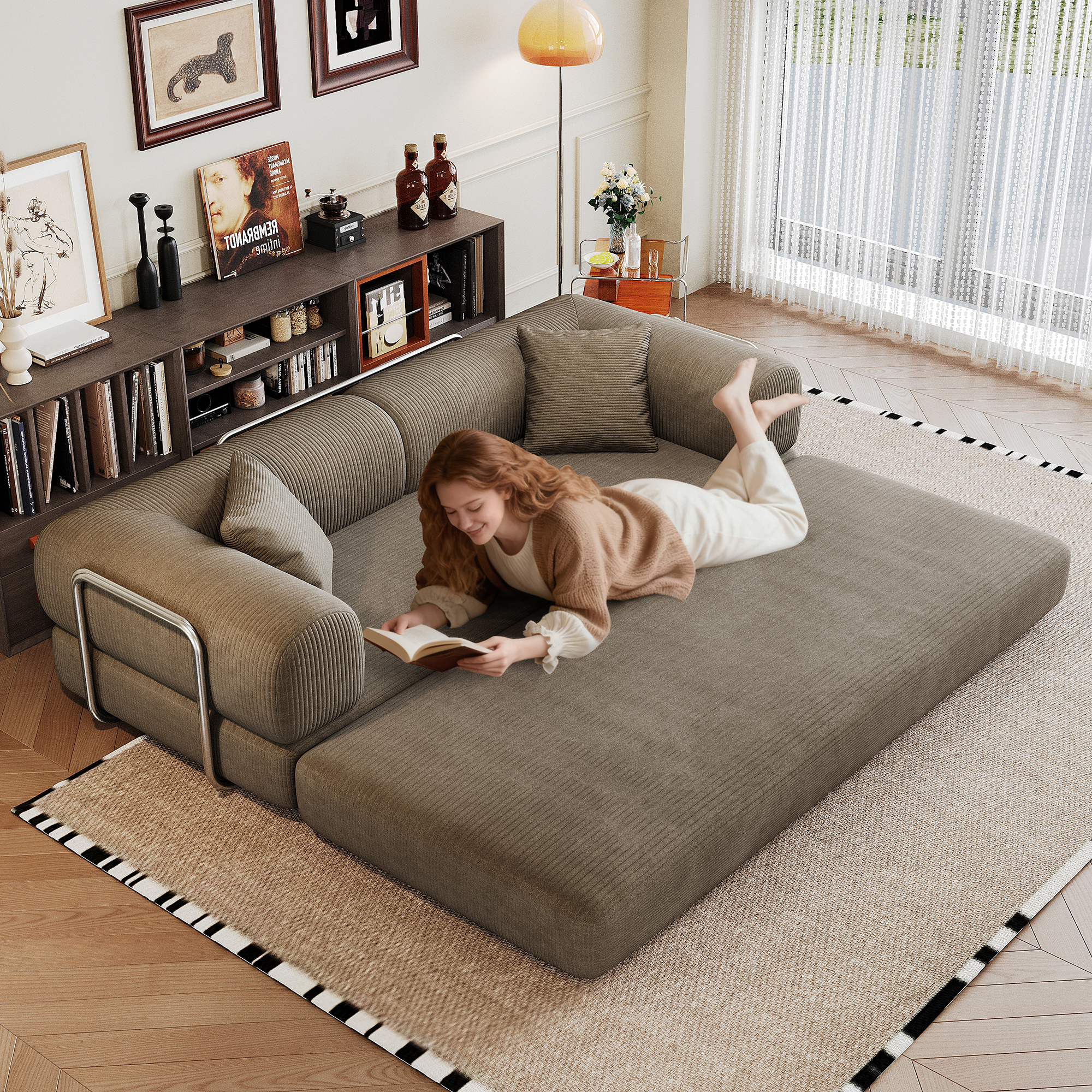 78.8" Compression Sofa,Convertible Floor Sofa Bed-with Pillow Back Support Armrest,Comfy Futon Couch Sleeper Bed,Loveseats Boneless Modular Sectional Sofa,Corduroy fabric,for Living Room,Bedroom,Camel - Image 2