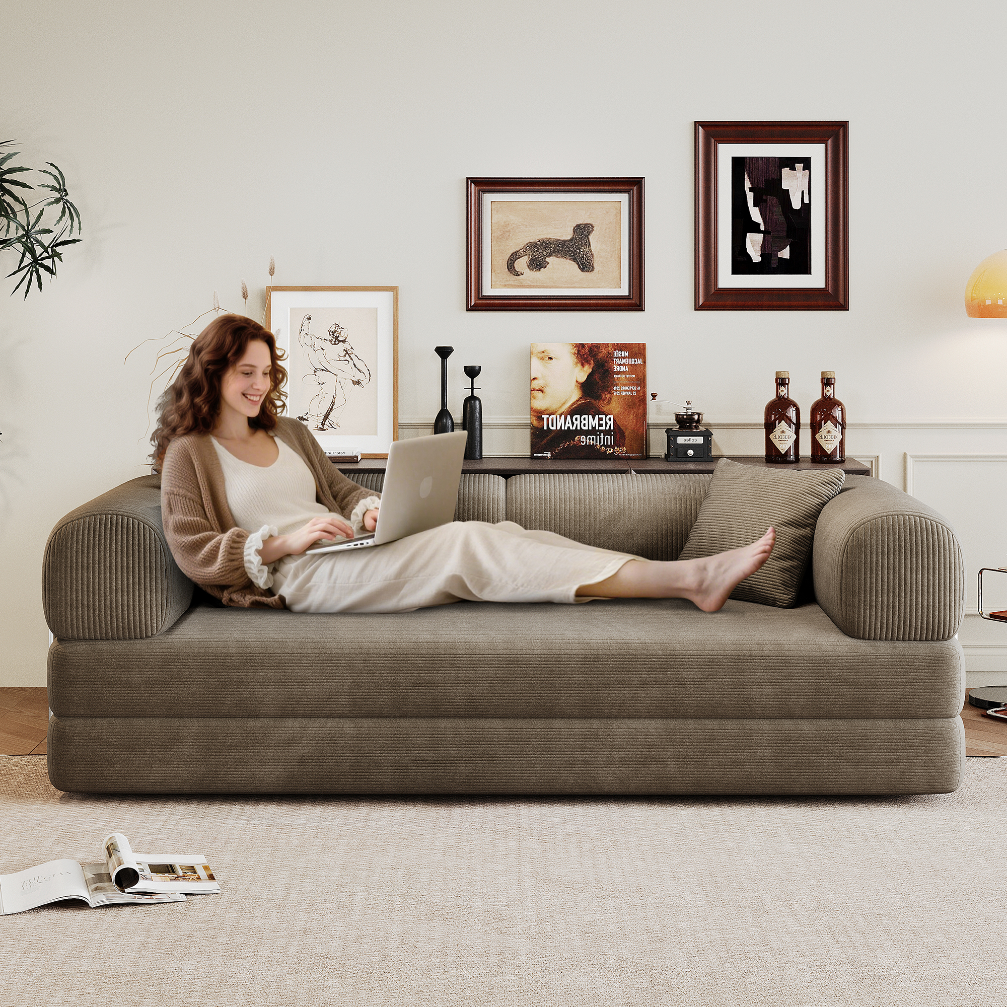 78.8" Compression Sofa,Convertible Floor Sofa Bed-with Pillow Back Support Armrest,Comfy Futon Couch Sleeper Bed,Loveseats Boneless Modular Sectional Sofa,Corduroy fabric,for Living Room,Bedroom,Camel - Image 3