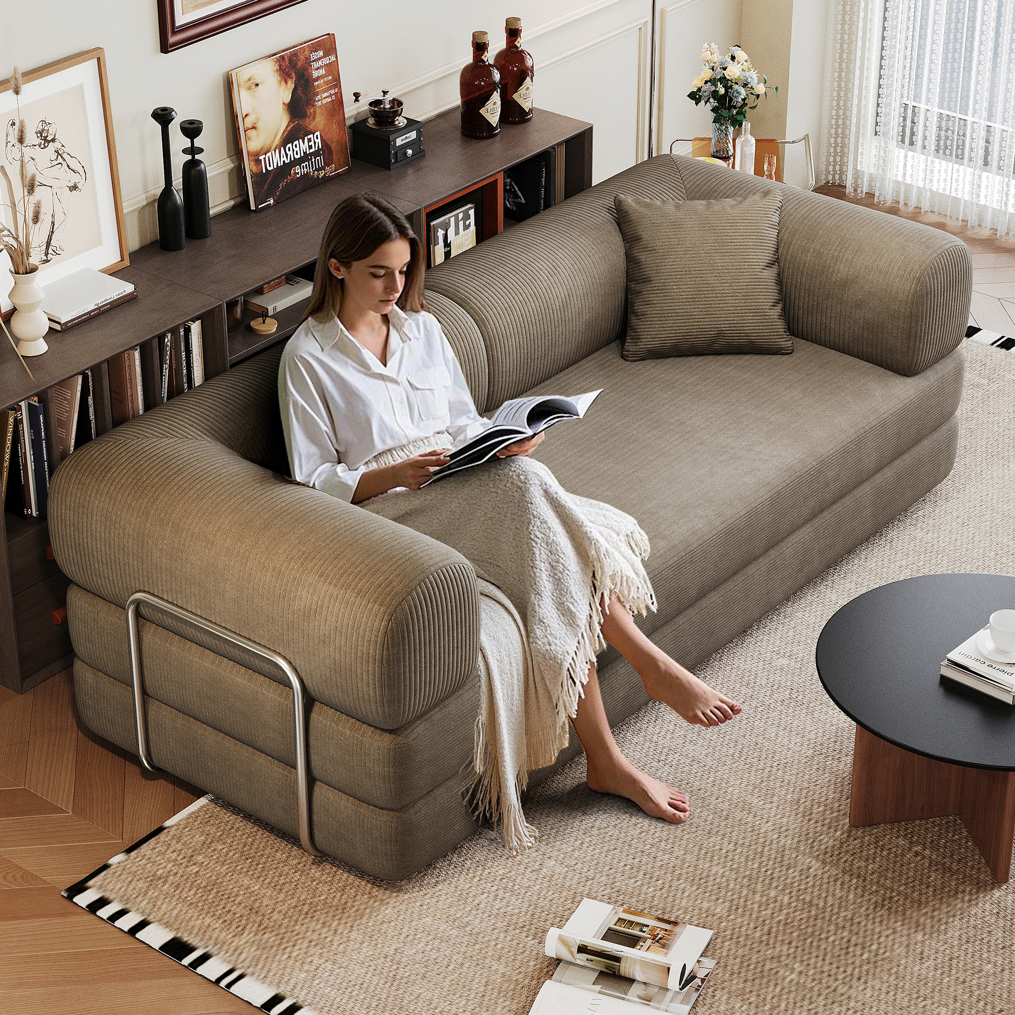 78.8" Compression Sofa,Convertible Floor Sofa Bed-with Pillow Back Support Armrest,Comfy Futon Couch Sleeper Bed,Loveseats Boneless Modular Sectional Sofa,Corduroy fabric,for Living Room,Bedroom,Camel - Image 4