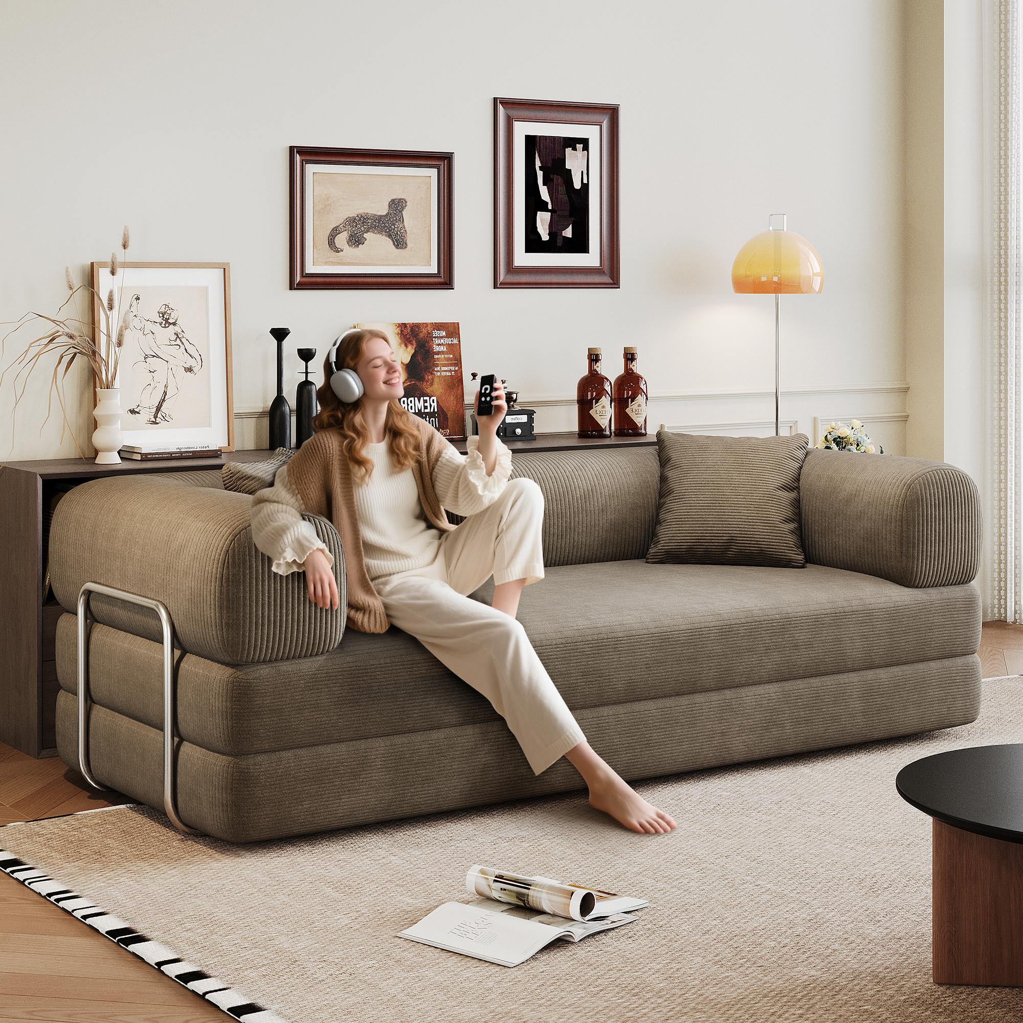 78.8" Compression Sofa,Convertible Floor Sofa Bed-with Pillow Back Support Armrest,Comfy Futon Couch Sleeper Bed,Loveseats Boneless Modular Sectional Sofa,Corduroy fabric,for Living Room,Bedroom,Camel - Image 5