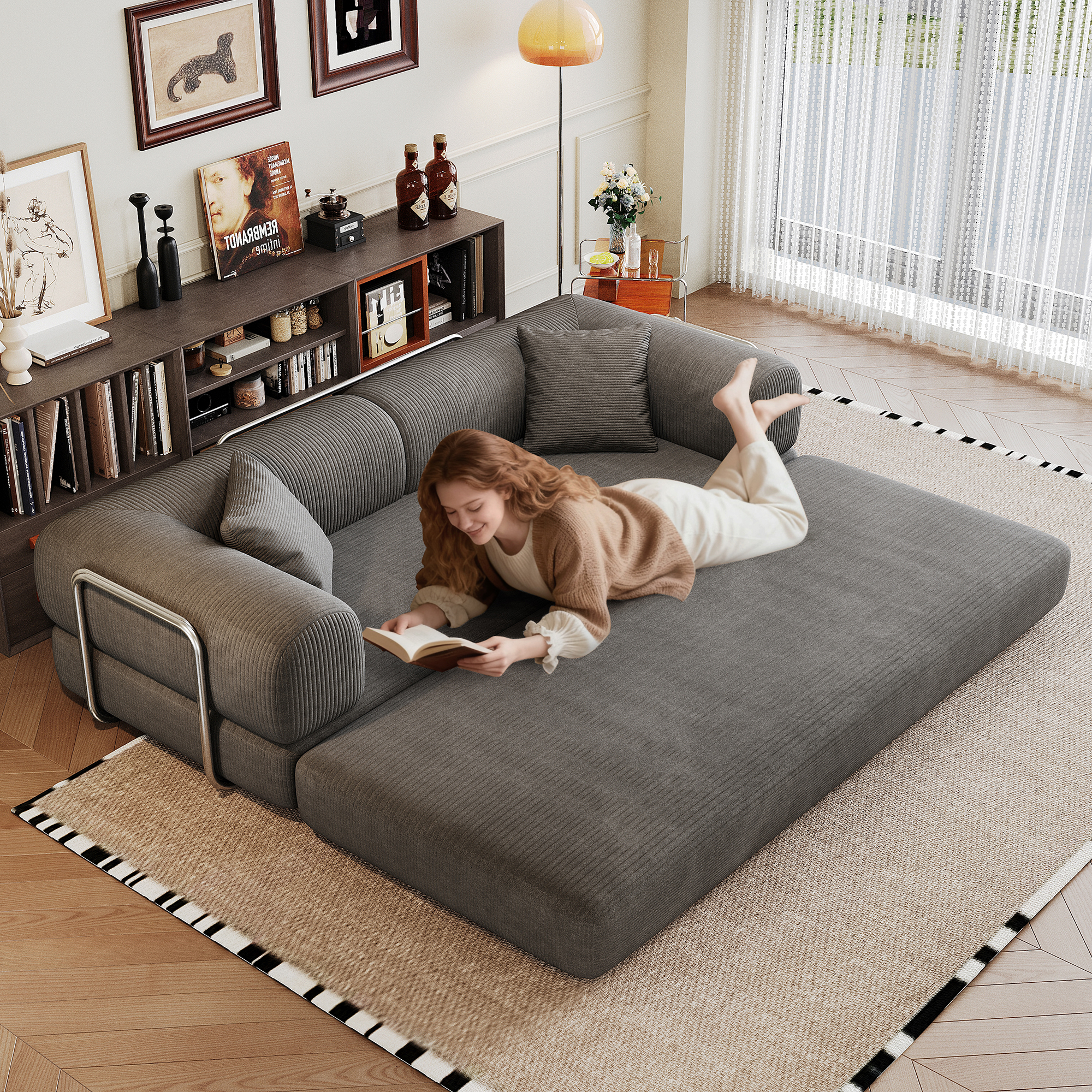 78.8" Compression Sofa,Convertible Floor Sofa Bed-with Pillow Back Support Armrest,Comfy Futon Couch Sleeper Bed,Loveseats Boneless Modular Sectional Sofa,Corduroy fabric,for Living Room,Bedroom,Grey - Image 2