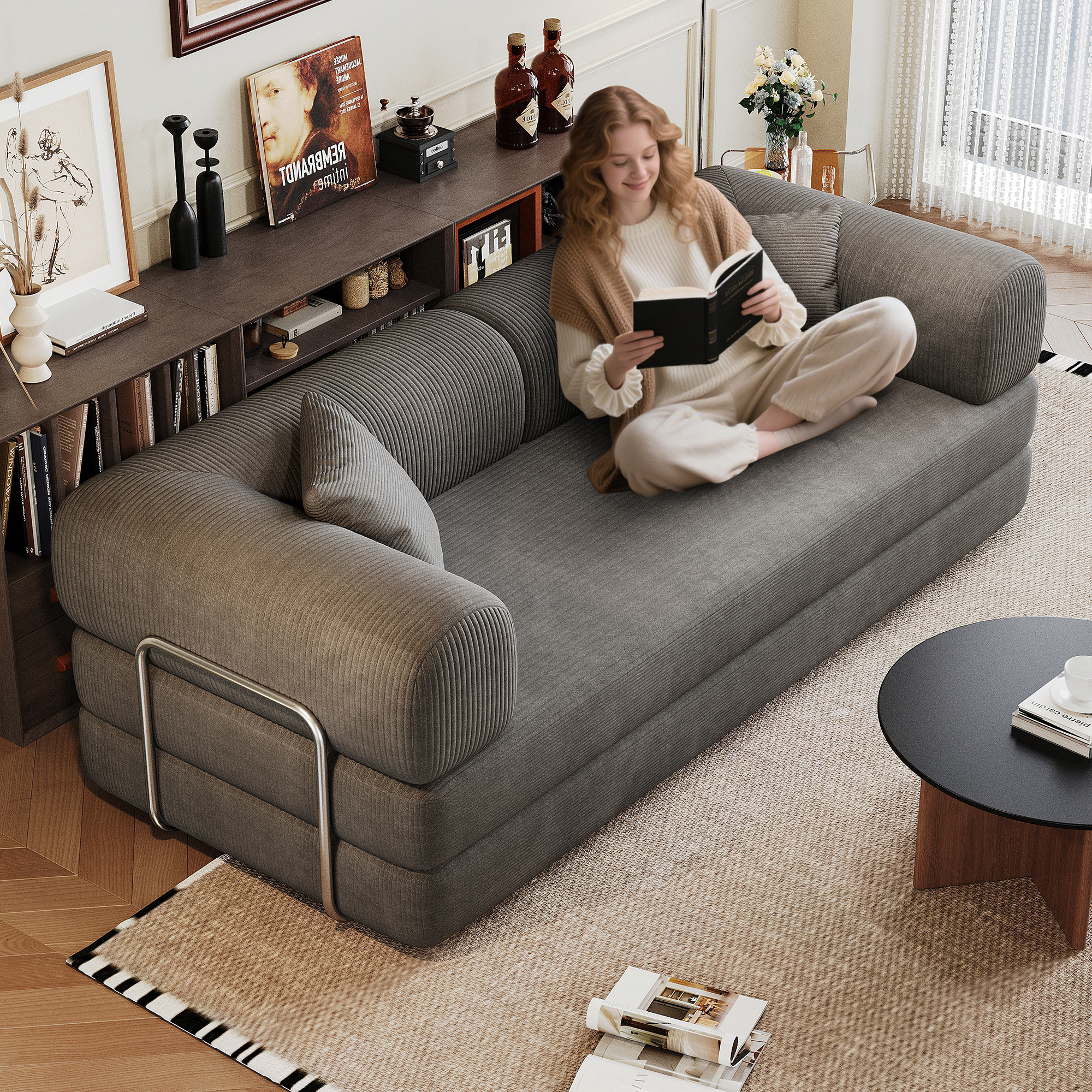 78.8" Compression Sofa,Convertible Floor Sofa Bed-with Pillow Back Support Armrest,Comfy Futon Couch Sleeper Bed,Loveseats Boneless Modular Sectional Sofa,Corduroy fabric,for Living Room,Bedroom,Grey - Image 4