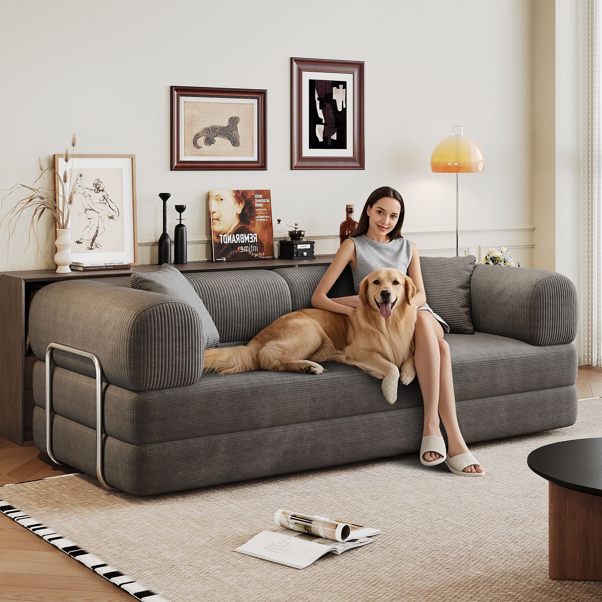 78.8" Compression Sofa,Convertible Floor Sofa Bed-with Pillow Back Support Armrest,Comfy Futon Couch Sleeper Bed,Loveseats Boneless Modular Sectional Sofa,Corduroy fabric,for Living Room,Bedroom,Grey - Image 5